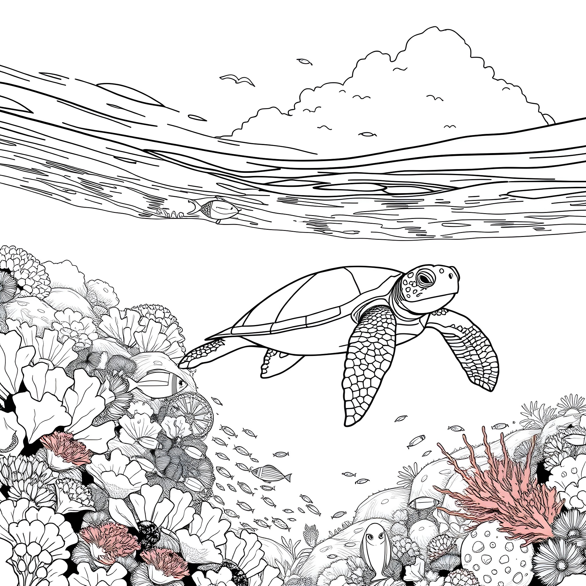 Sandy ocean scenery with a swimming turtle Coloring Page (free black-and-white line drawing printable PDF for all, from beginners to advanced learners, including children, teens, adults, and seniors)