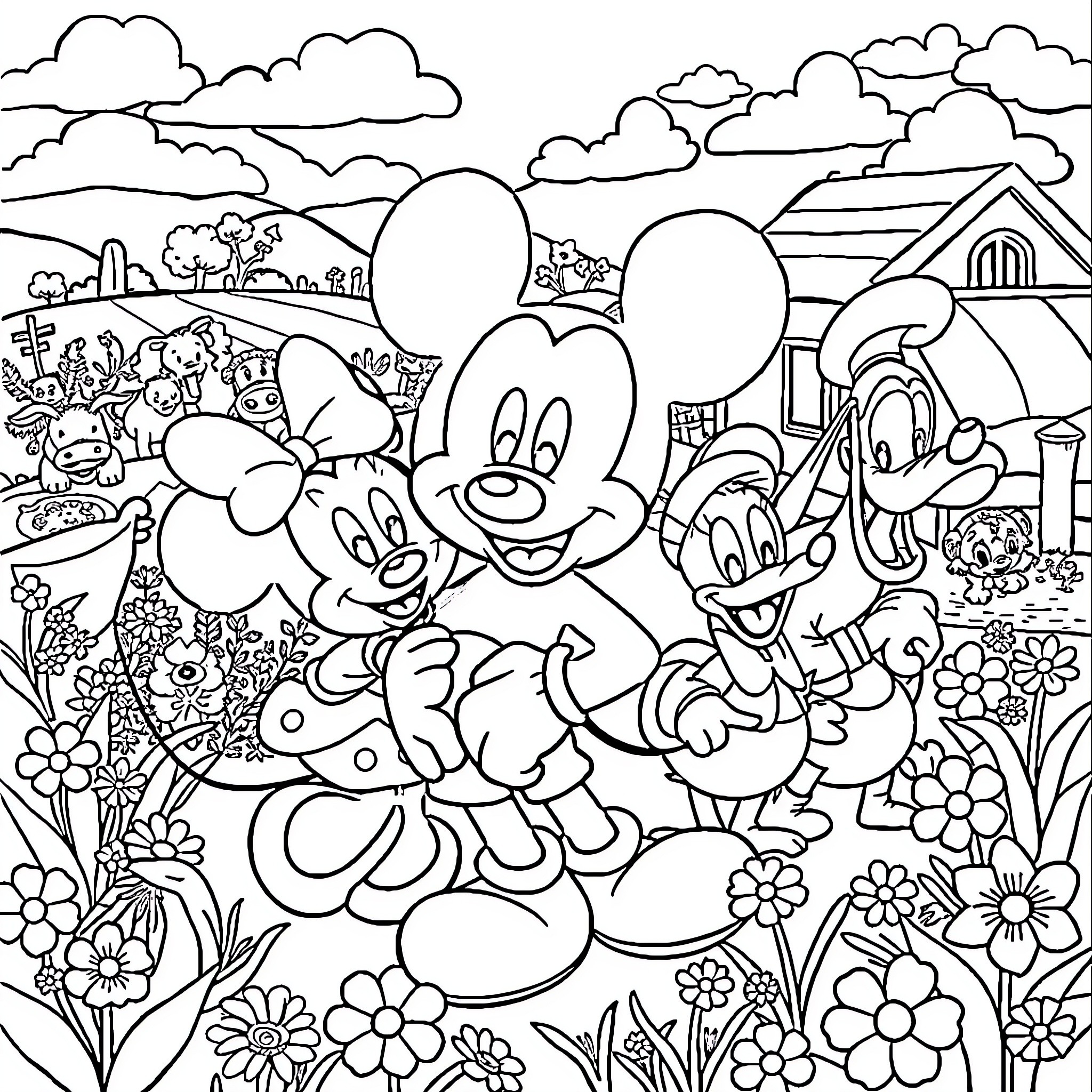 Mickey and Friends Enjoy a Whimsical Outdoor Scene Coloring Page (free black-and-white line drawing printable PDF for all, from beginners to advanced learners, including children, teens, adults, and seniors)