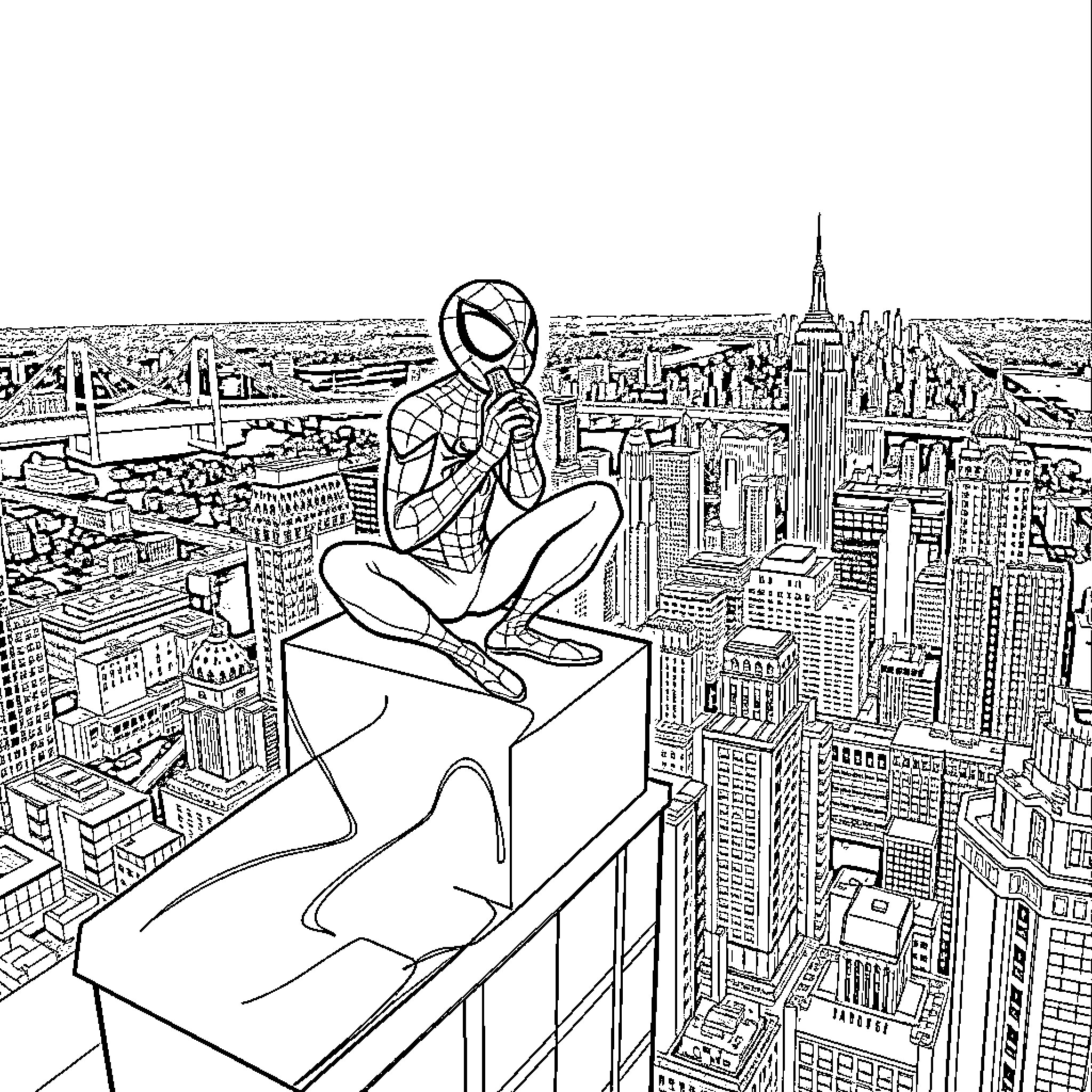 Spidey soaring high above the city skyline Coloring Page (free black-and-white line drawing printable PDF for all, from beginners to advanced learners, including children, teens, adults, and seniors)