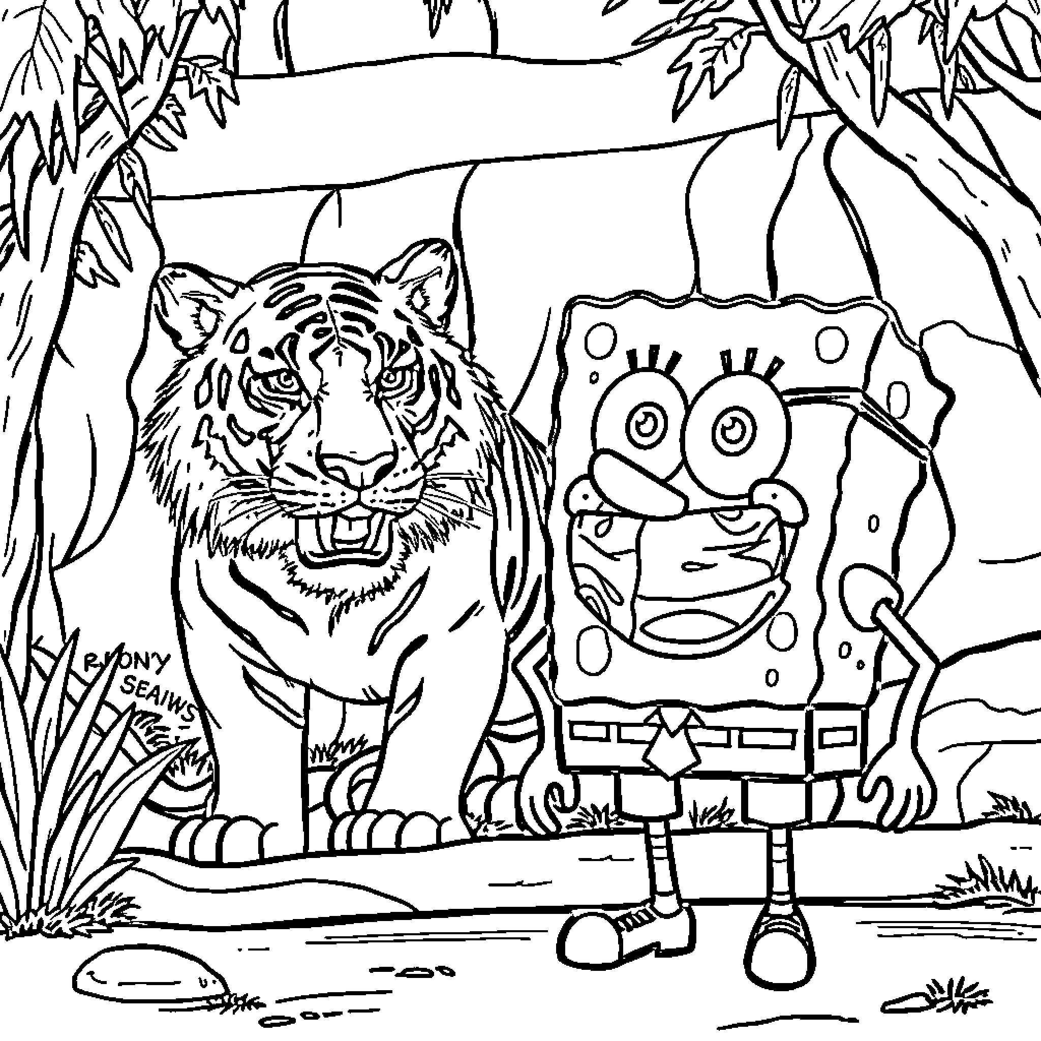 Spongebob and Tiger in the Jungle Coloring Page (free black-and-white line drawing printable PDF for all, from beginners to advanced learners, including children, teens, adults, and seniors)