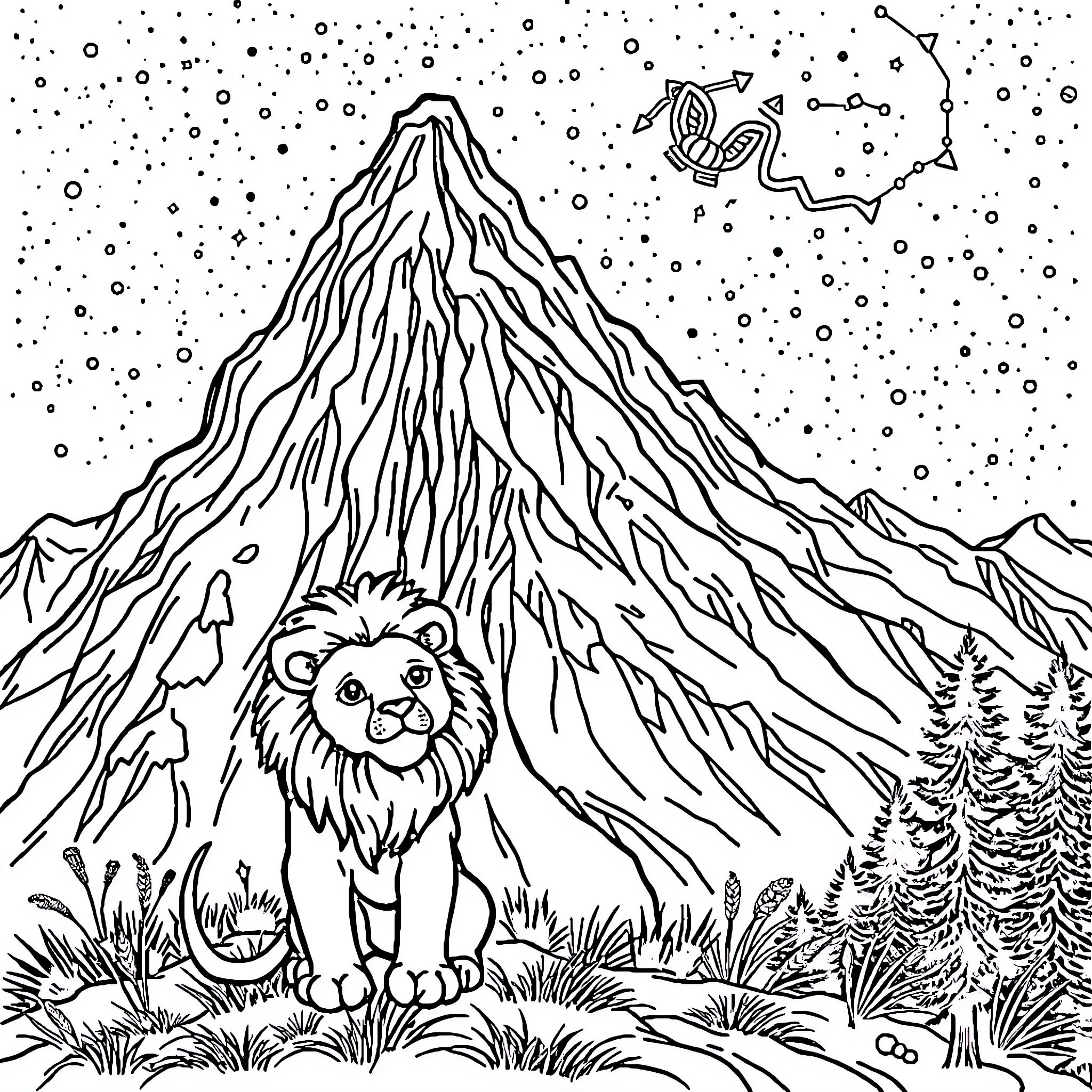 Lion roaring proudly in the snowy mountain landscape Coloring Page (free black-and-white line drawing printable PDF for all, from beginners to advanced learners, including children, teens, adults, and seniors)