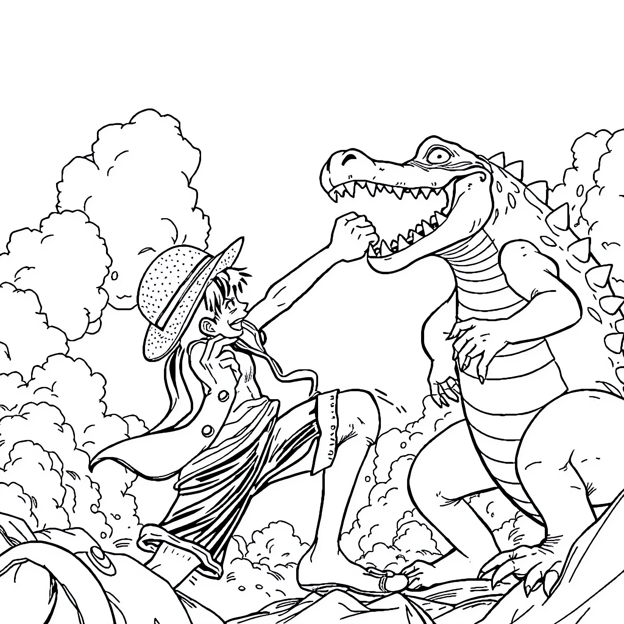 Luffy facing off against a fierce reptilian foe Coloring Page (free black-and-white line drawing printable PDF for all, from beginners to advanced learners, including children, teens, adults, and seniors)