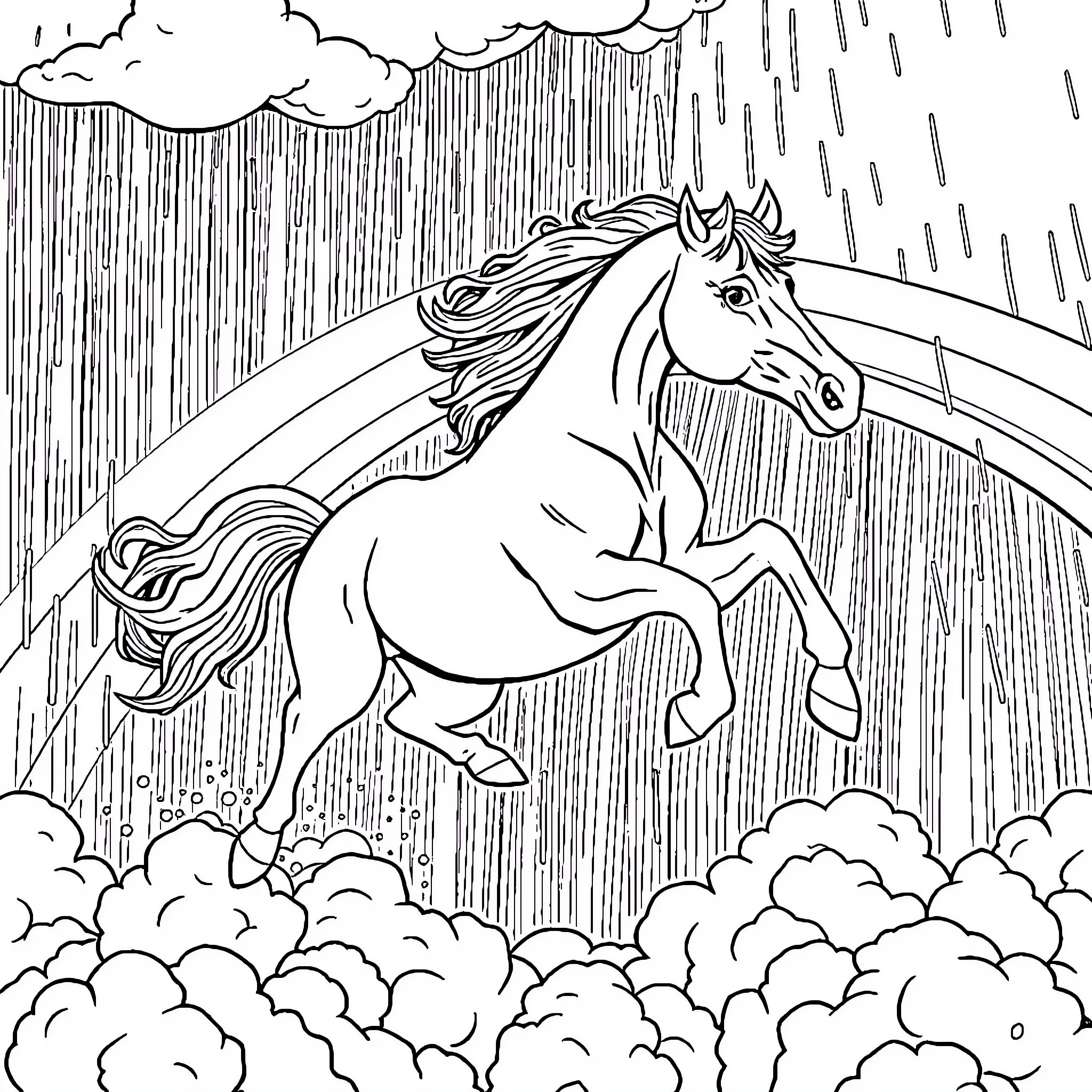 Horse galloping through stormy weather Coloring Page (free black-and-white line drawing printable PDF for all, from beginners to advanced learners, including children, teens, adults, and seniors)