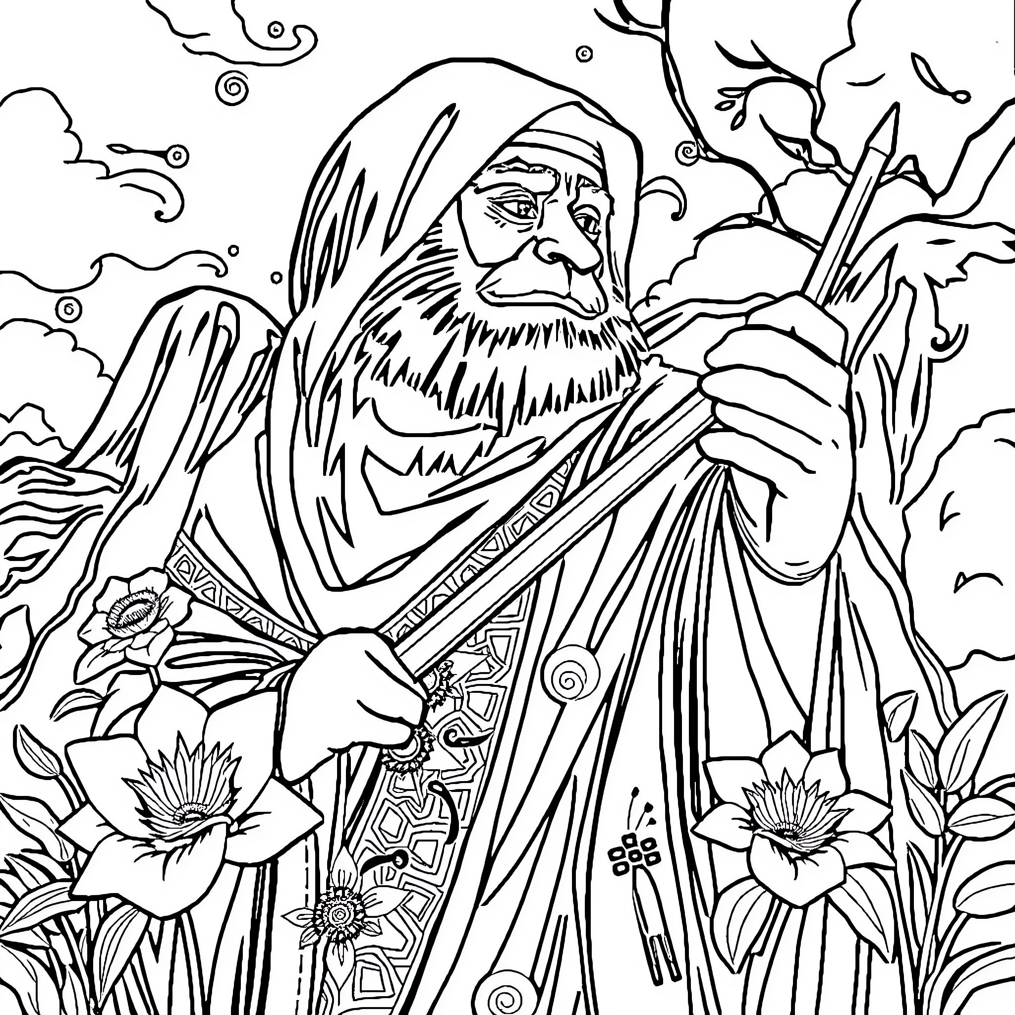 Prince of the Forest's Enchanting Attire Coloring Page (free black-and-white line drawing printable PDF for all, from beginners to advanced learners, including children, teens, adults, and seniors)