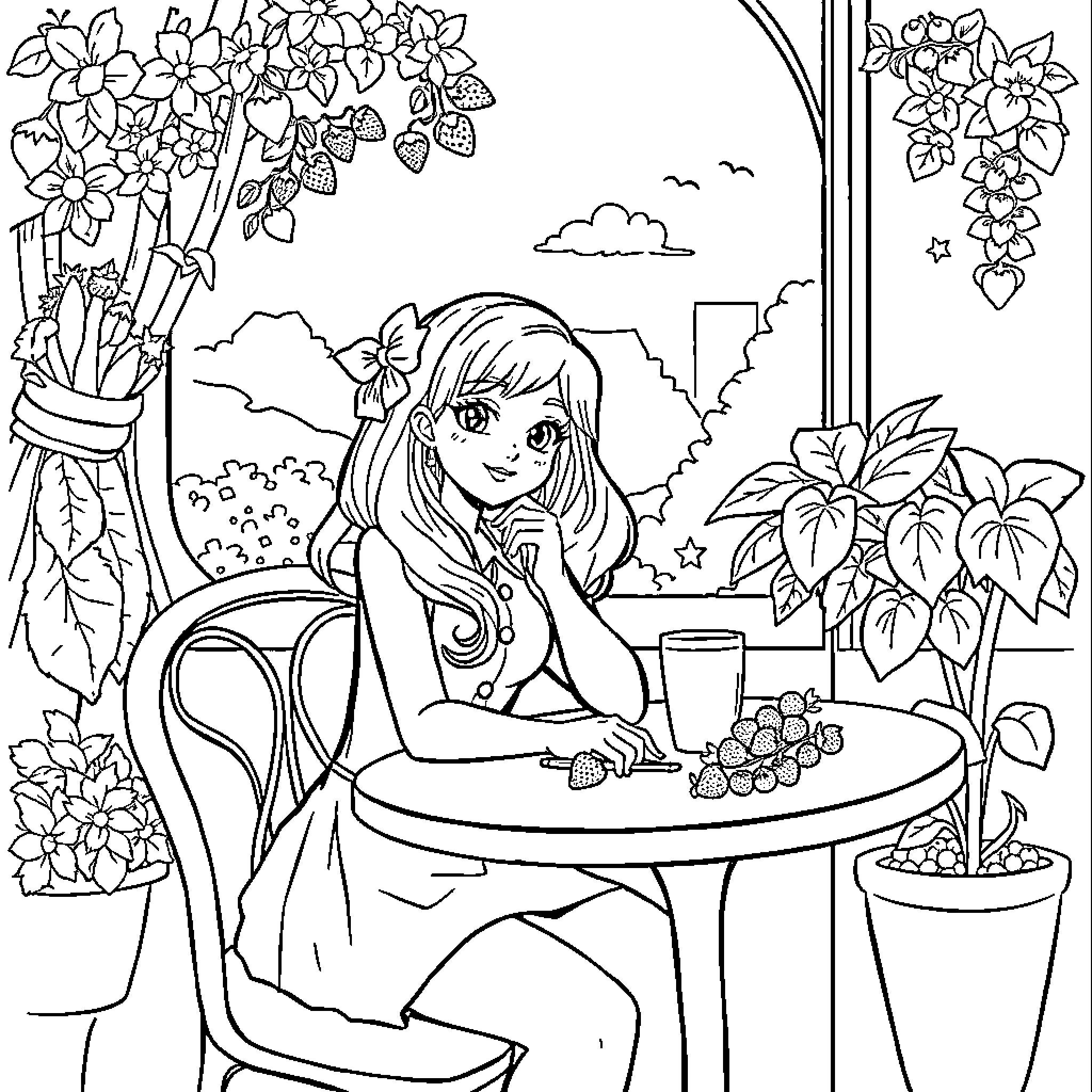 Charlotte enjoying a flower-filled garden scene Coloring Page (free black-and-white line drawing printable PDF for all, from beginners to advanced learners, including children, teens, adults, and seniors)