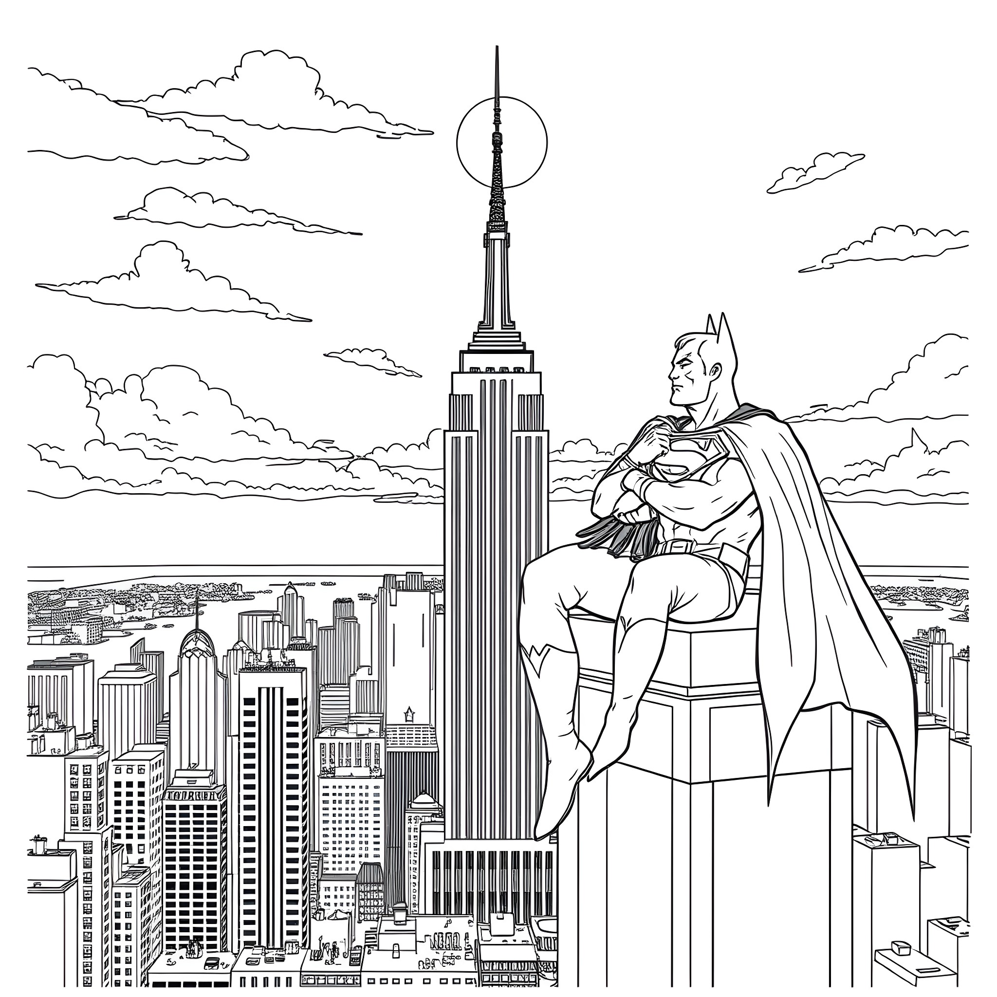 Superman overlooking the city skyline from a high vantage point Coloring Page (free black-and-white line drawing printable PDF for all, from beginners to advanced learners, including children, teens, adults, and seniors)