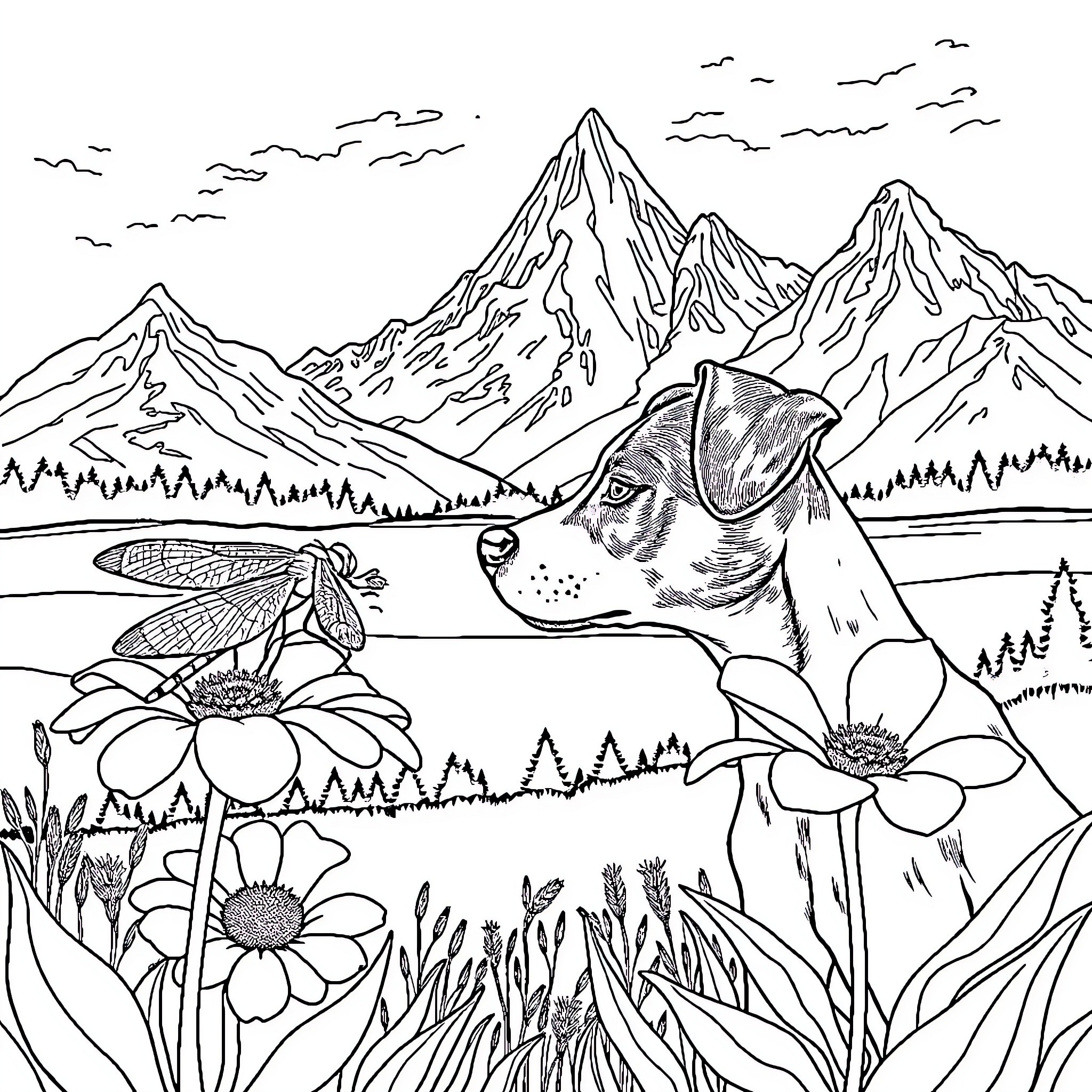 Jack Russell exploring a mountain landscape Coloring Page (free black-and-white line drawing printable PDF for all, from beginners to advanced learners, including children, teens, adults, and seniors)