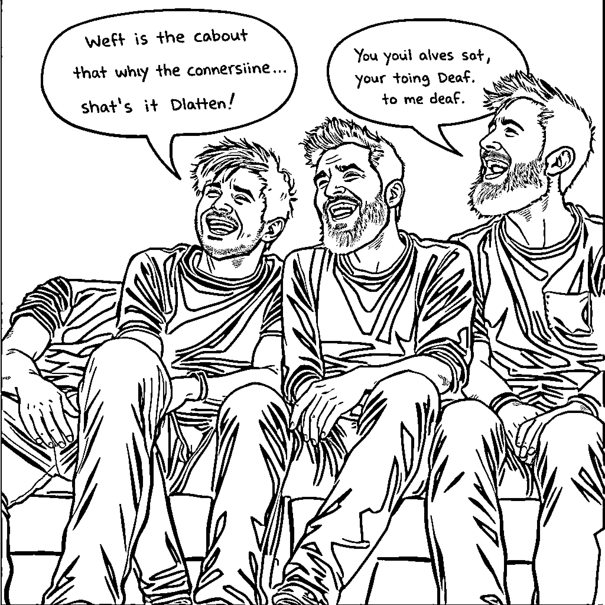 Deftones band members joking and laughing together Coloring Page (free black-and-white line drawing printable PDF for all, from beginners to advanced learners, including children, teens, adults, and seniors)