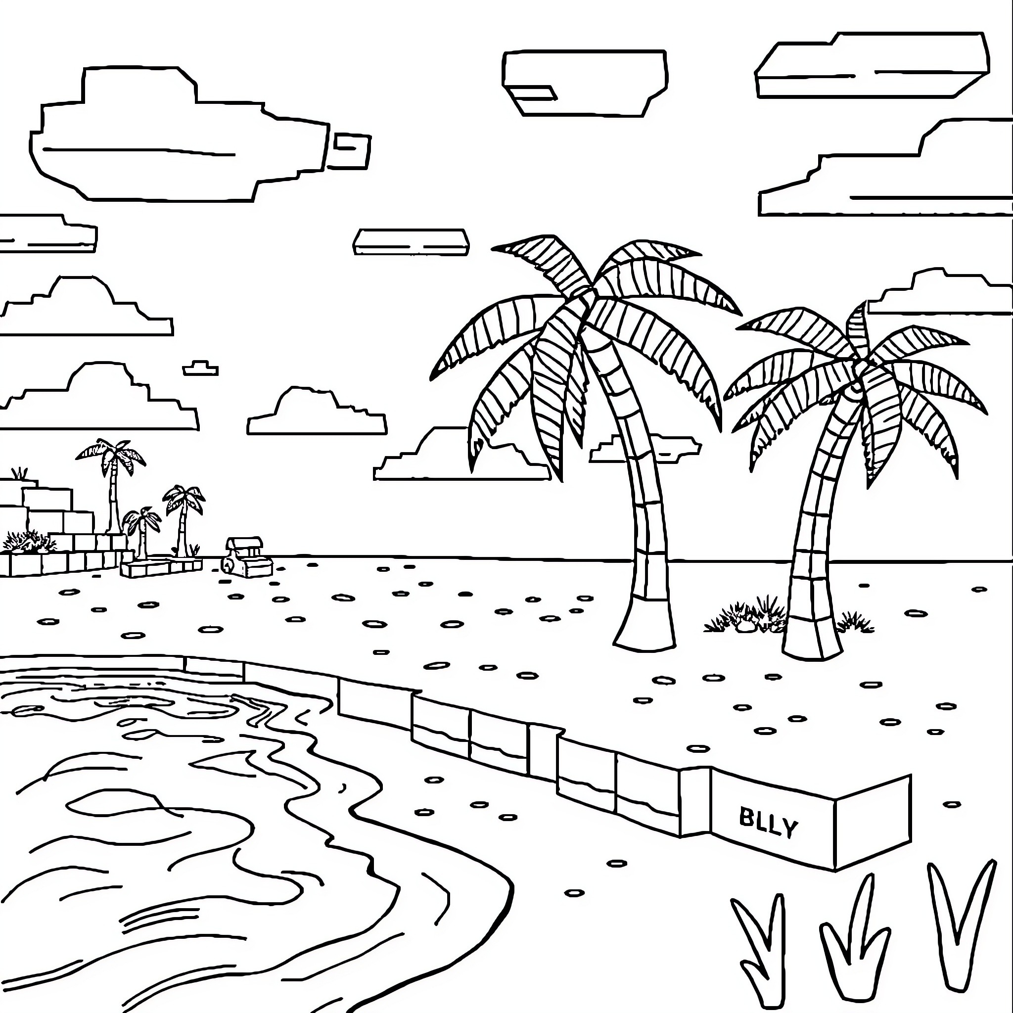 Minecraft Beach Scene with Palm Trees Coloring Page (free black-and-white line drawing printable PDF for all, from beginners to advanced learners, including children, teens, adults, and seniors)