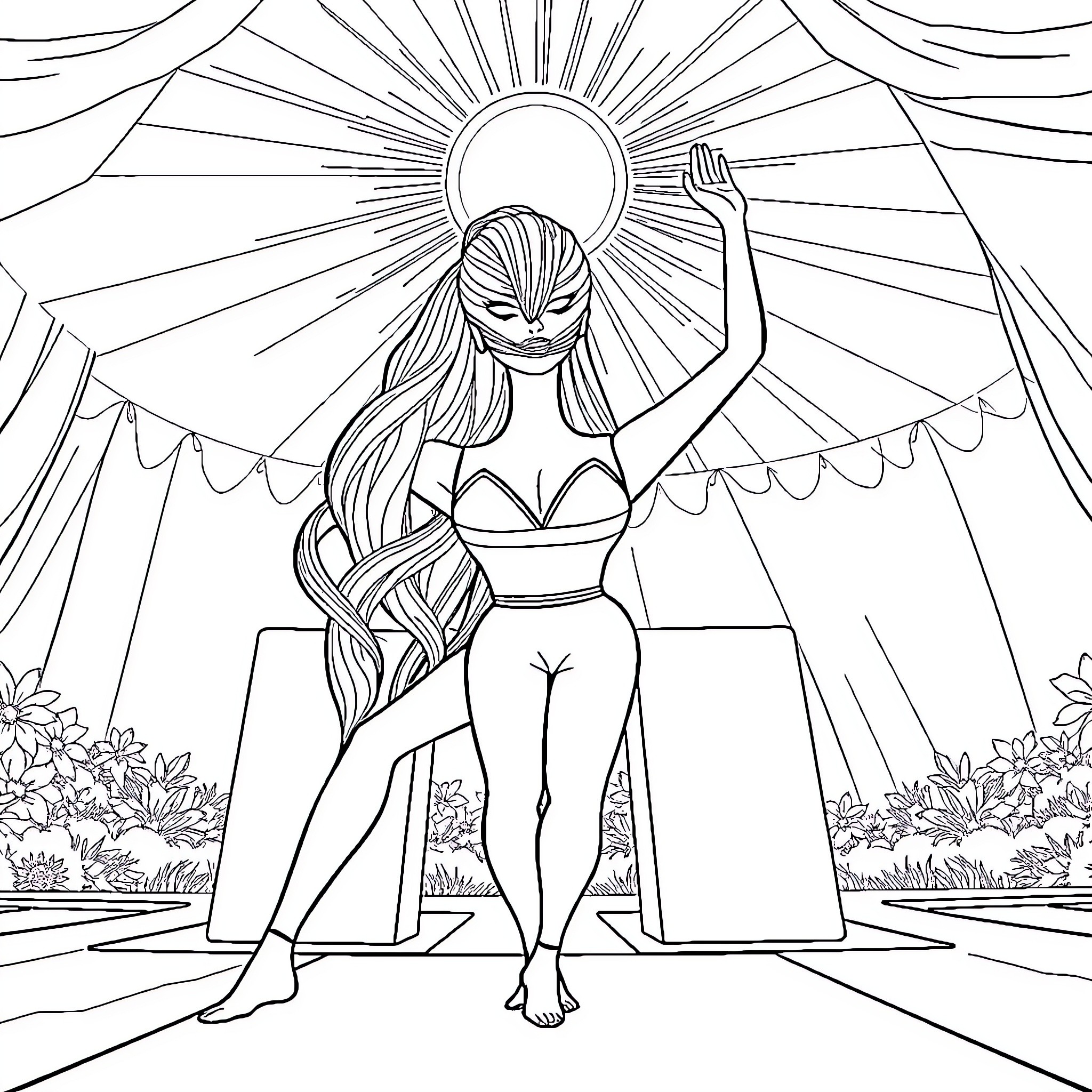 Barbie in Mystical Pose under Sunburst Coloring Page (free black-and-white line drawing printable PDF for all, from beginners to advanced learners, including children, teens, adults, and seniors)
