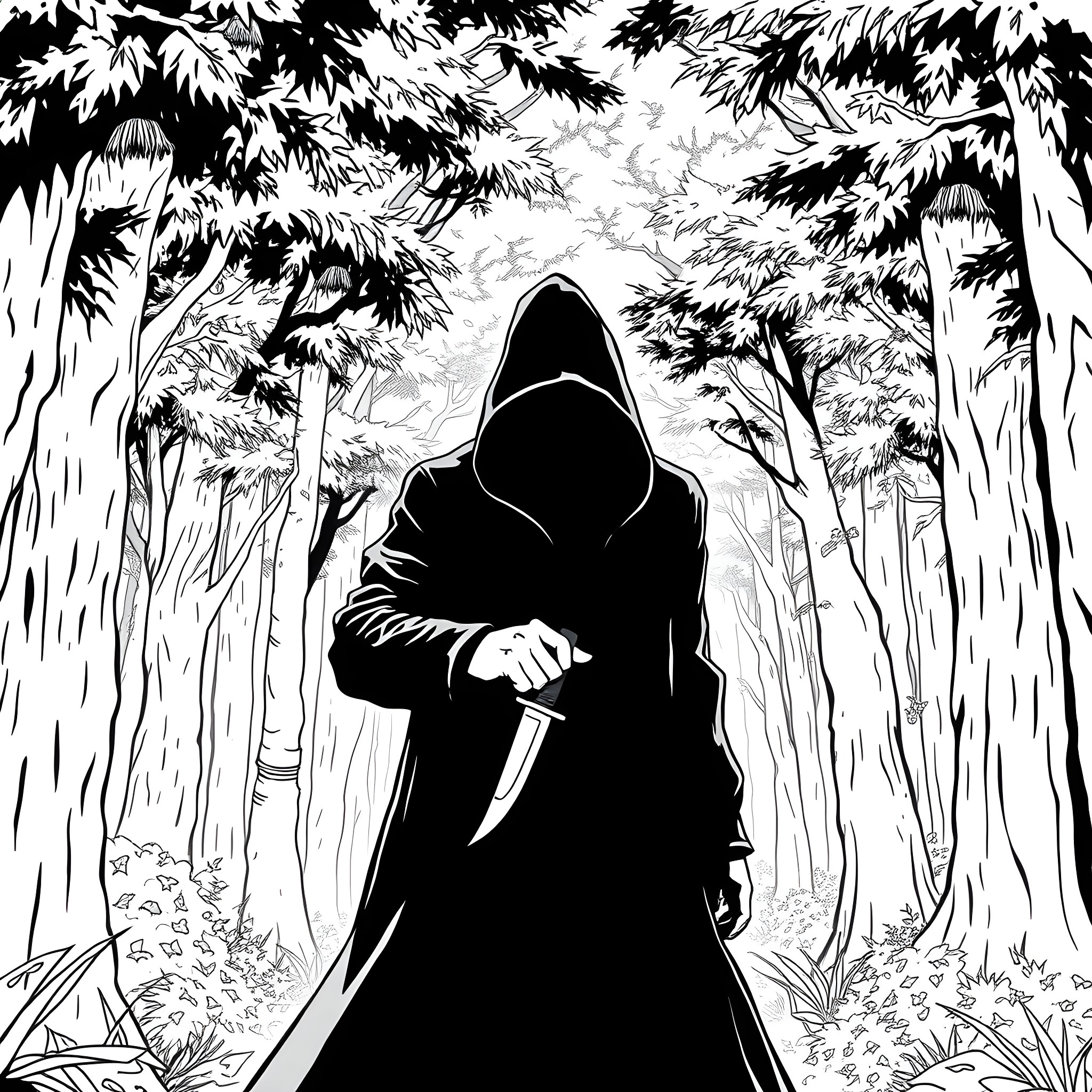 Man in hooded cloak walks through dark forest Coloring Page (free black-and-white line drawing printable PDF for all, from beginners to advanced learners, including children, teens, adults, and seniors)