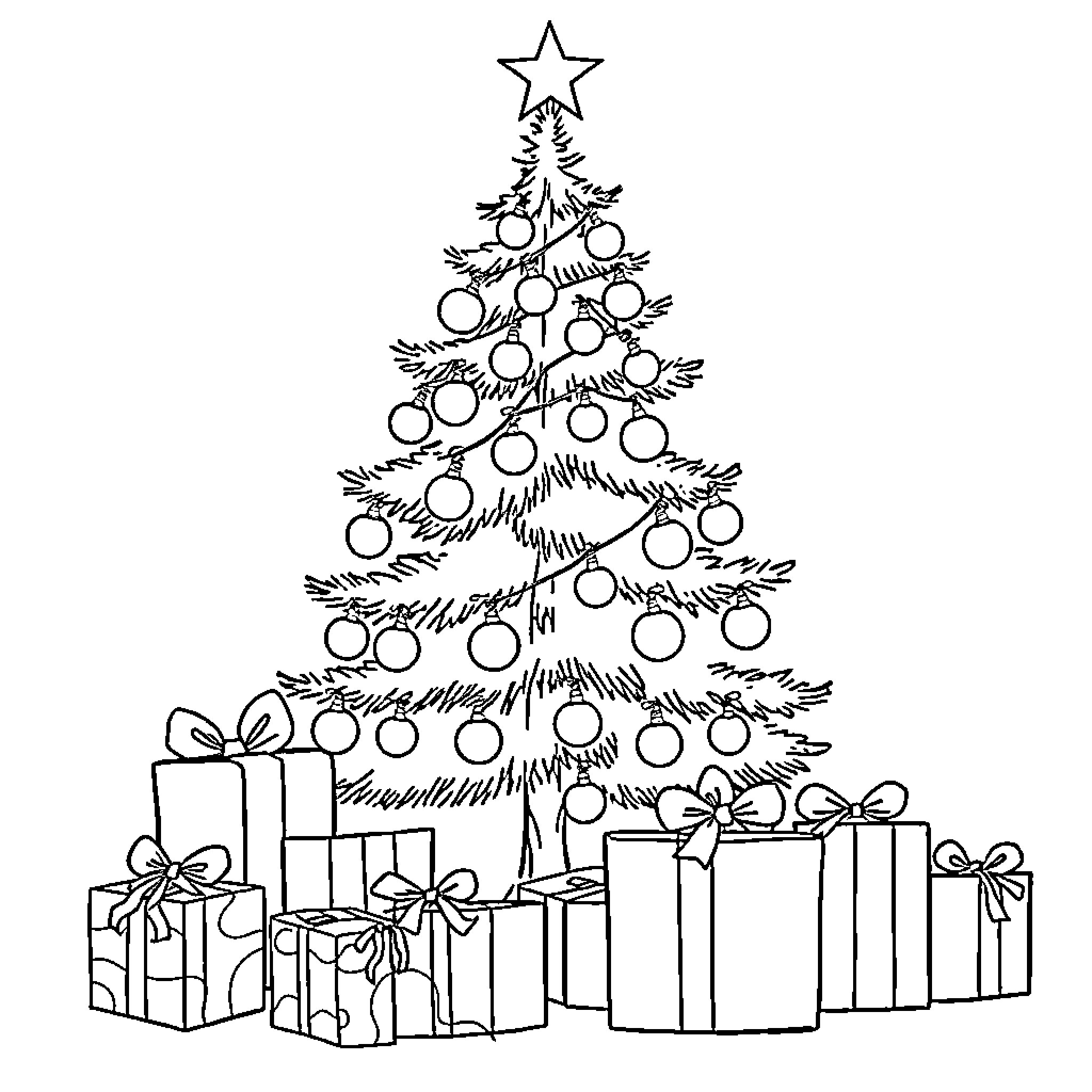 Christmas Tree with Ornaments and Gifts Coloring Page (free black-and-white line drawing printable PDF for all, from beginners to advanced learners, including children, teens, adults, and seniors)