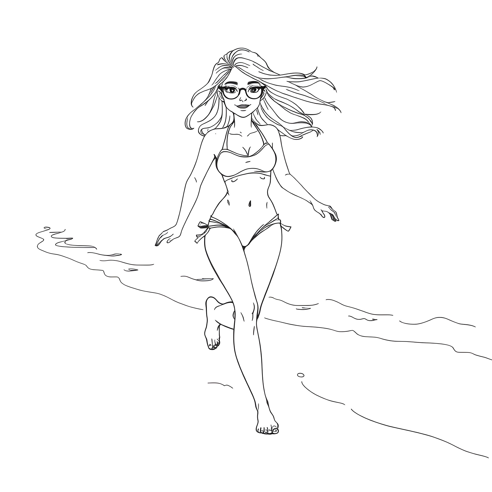 Girl walking on the beach in casual outfit Coloring Page (free black-and-white line drawing printable PDF for all, from beginners to advanced learners, including children, teens, adults, and seniors)