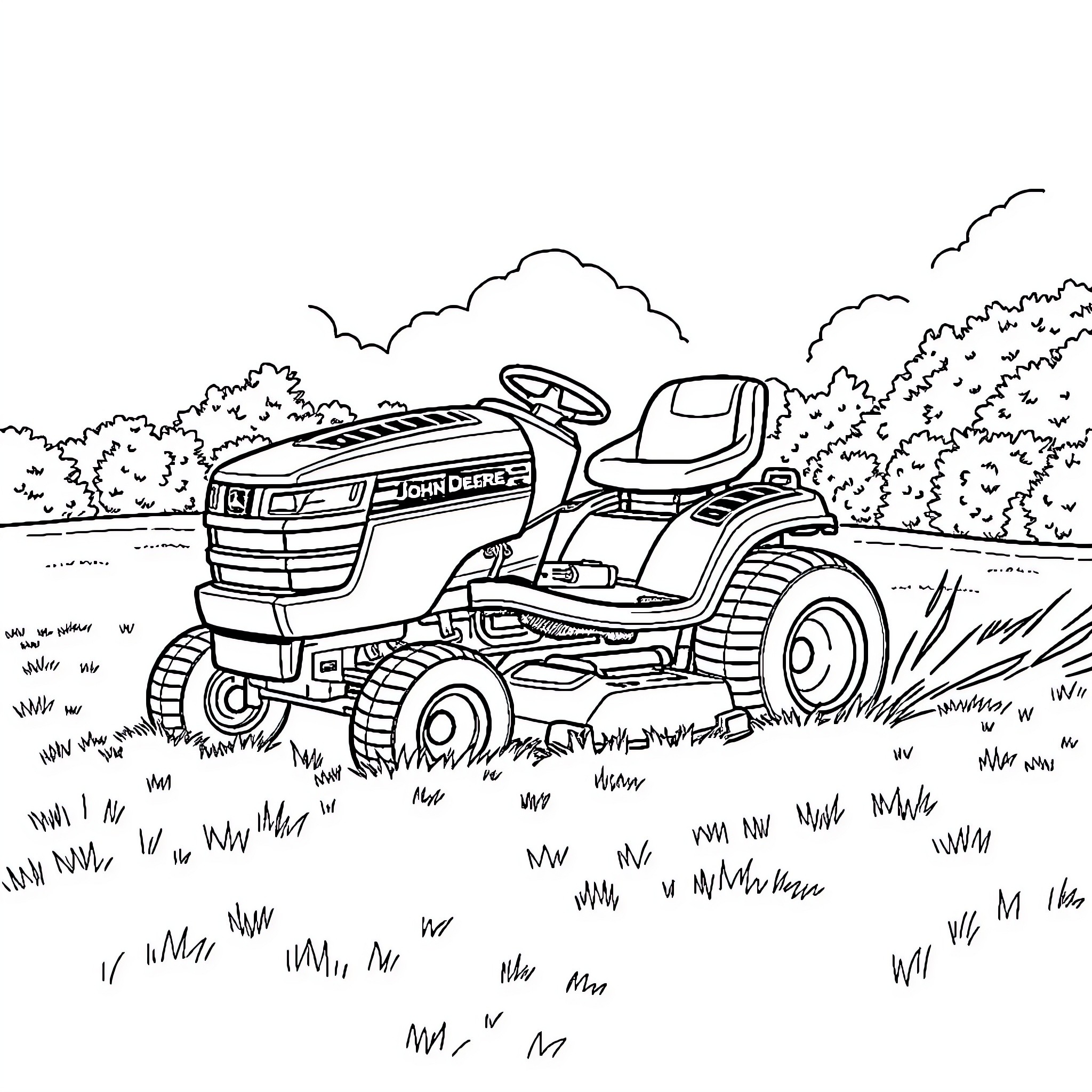 John Deere lawn mower mowing the grassy field Coloring Page (free black-and-white line drawing printable PDF for all, from beginners to advanced learners, including children, teens, adults, and seniors)