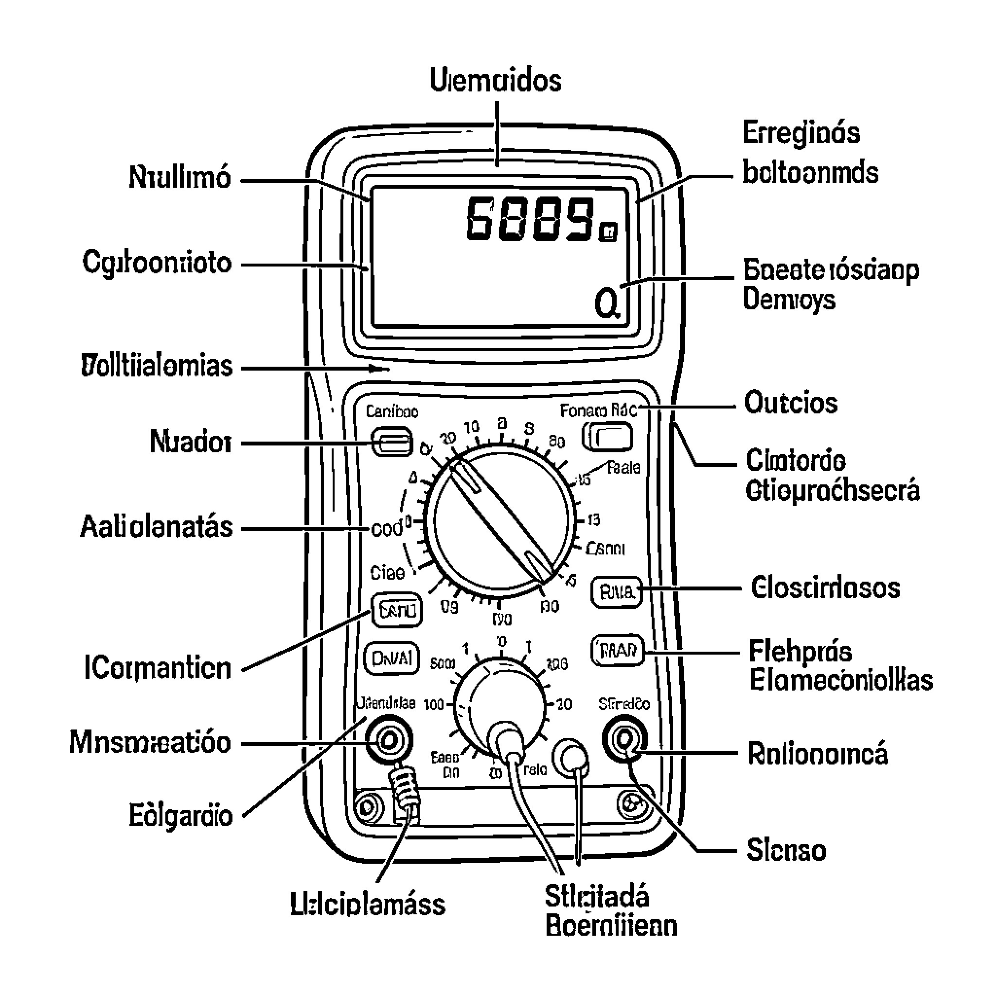 Multimeter displaying various measurements and controls Coloring Page (free black-and-white line drawing printable PDF for all, from beginners to advanced learners, including children, teens, adults, and seniors)