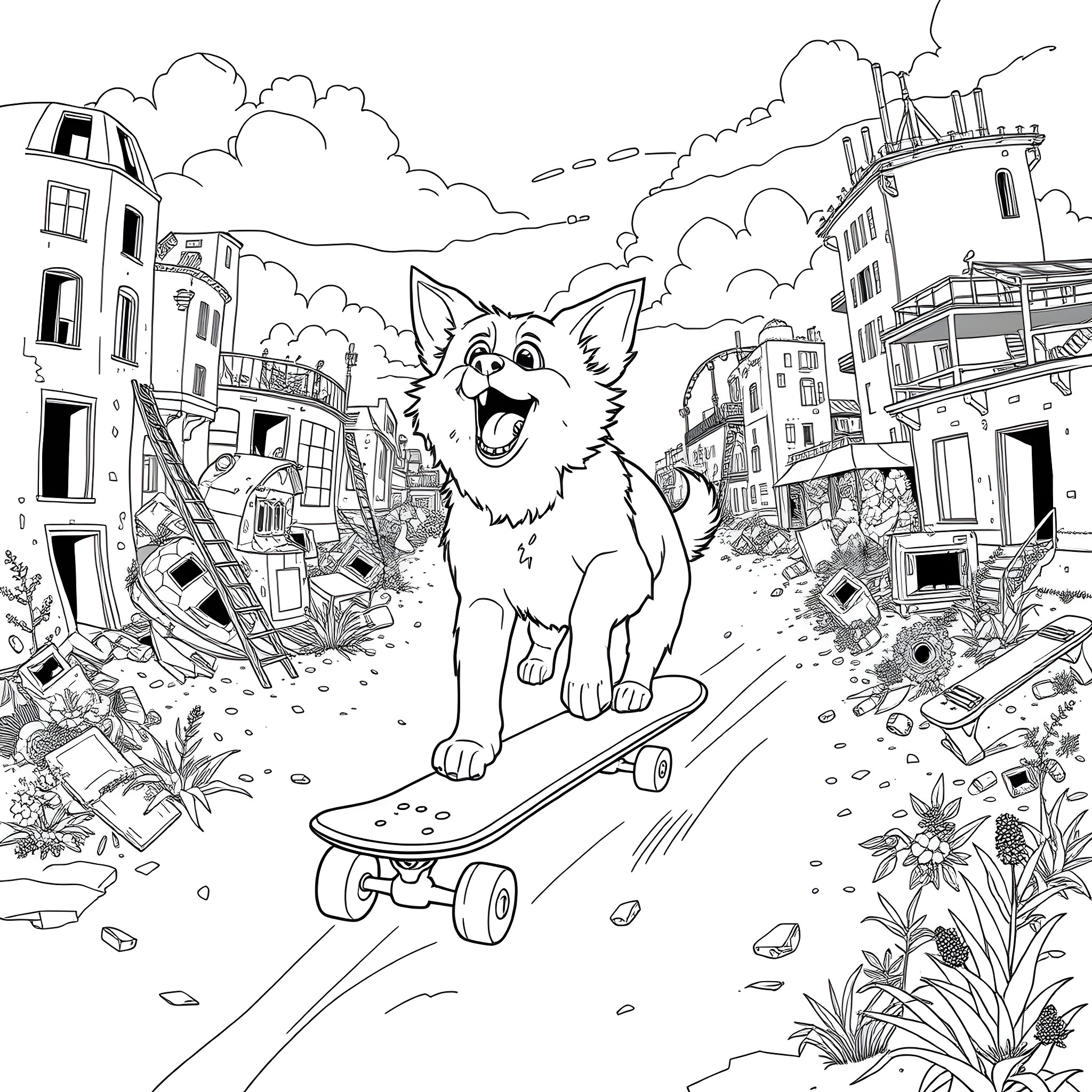 Dog Skateboarding Through Chaotic Urban Landscape Coloring Page (free black-and-white line drawing printable PDF for all, from beginners to advanced learners, including children, teens, adults, and seniors)