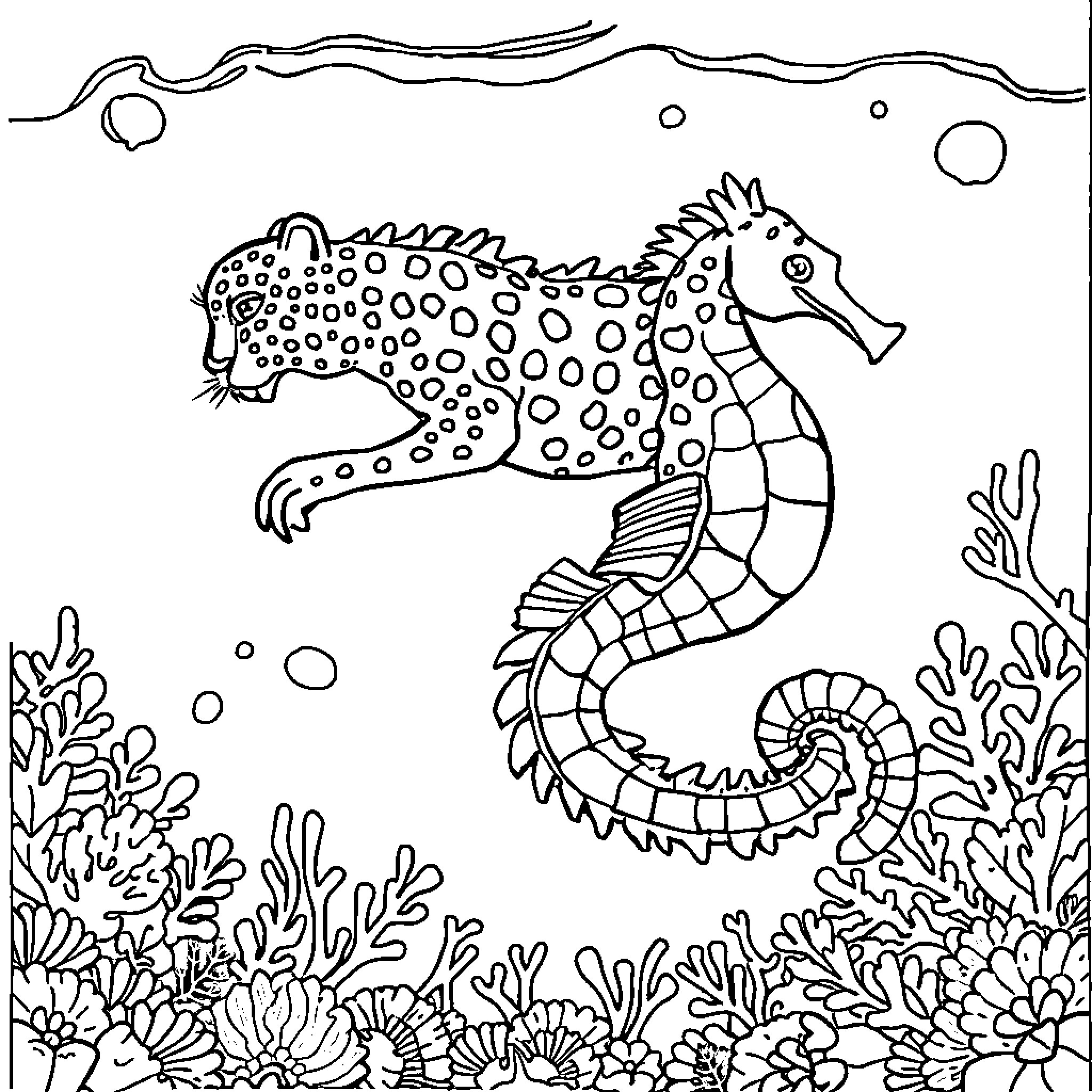 Leopard Seahorse exploring the underwater coral reef Coloring Page (free black-and-white line drawing printable PDF for all, from beginners to advanced learners, including children, teens, adults, and seniors)