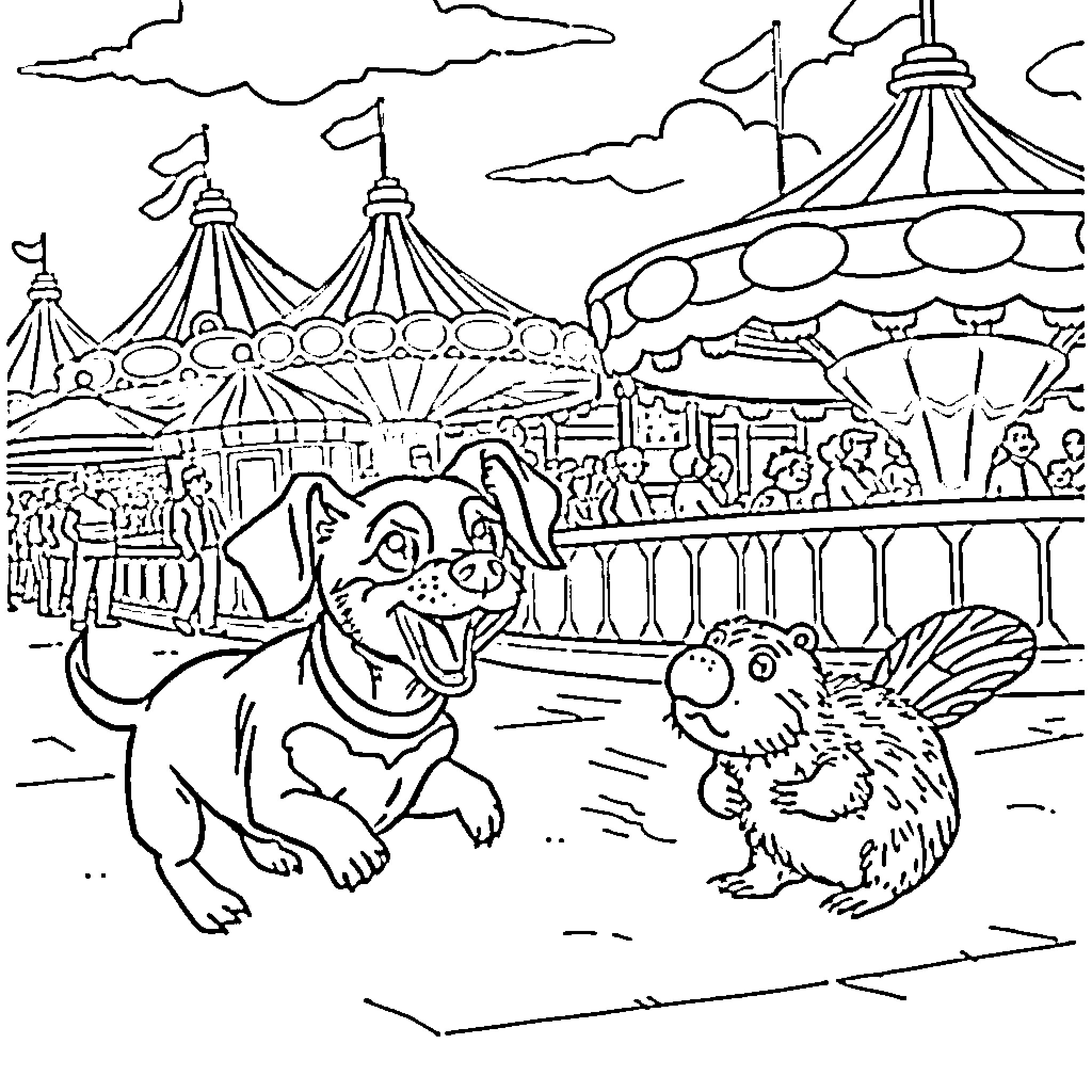 Wiener Dog Enjoying a Day at the Carnival Coloring Page (free black-and-white line drawing printable PDF for all, from beginners to advanced learners, including children, teens, adults, and seniors)
