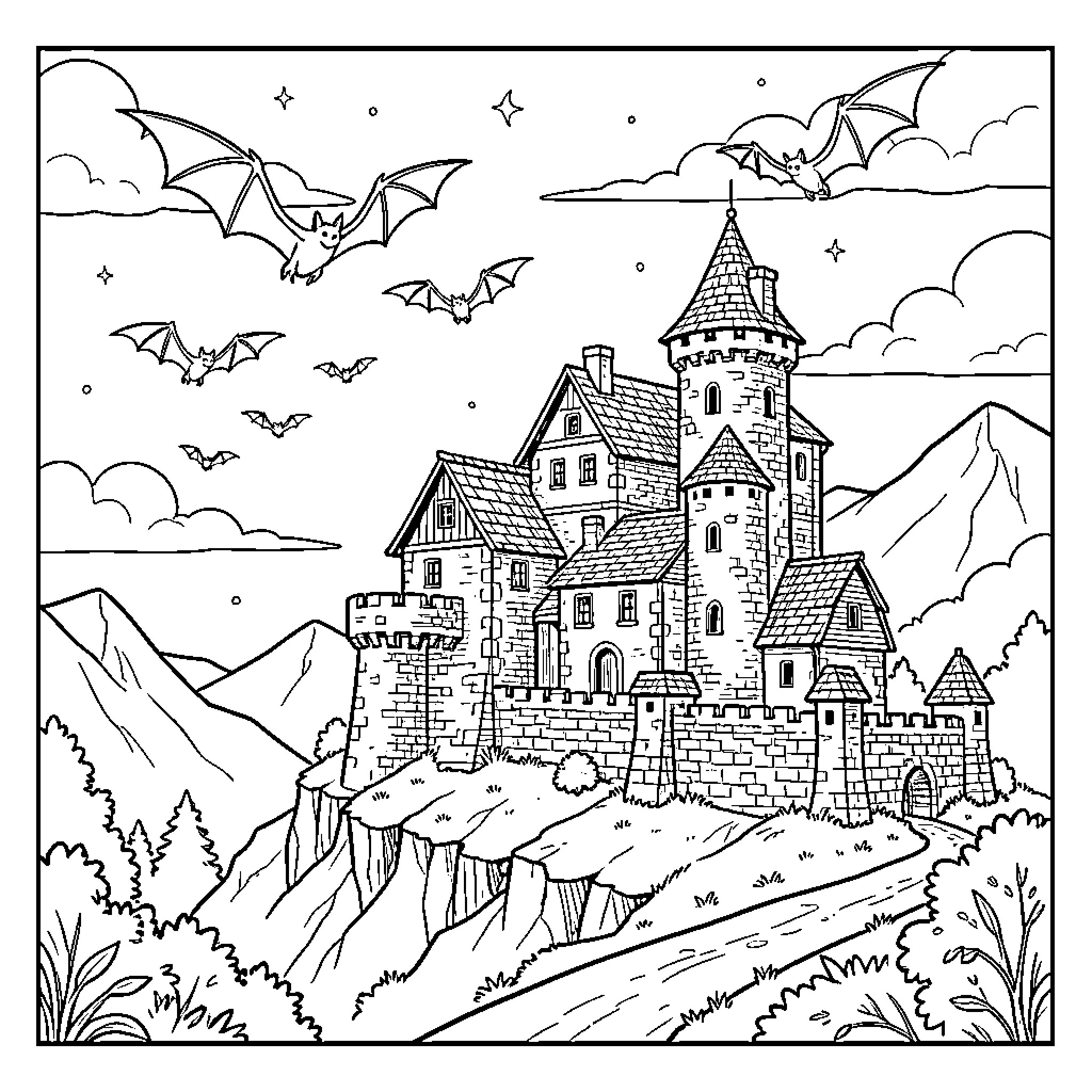 Bat flying around a large castle at night Coloring Page (free black-and-white line drawing printable PDF for all, from beginners to advanced learners, including children, teens, adults, and seniors)