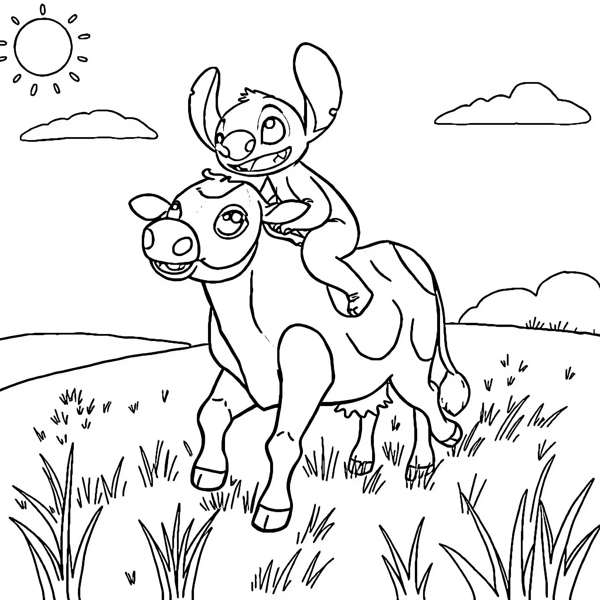 Stitch riding a friendly cow in the countryside Coloring Page (free black-and-white line drawing printable PDF for all, from beginners to advanced learners, including children, teens, adults, and seniors)
