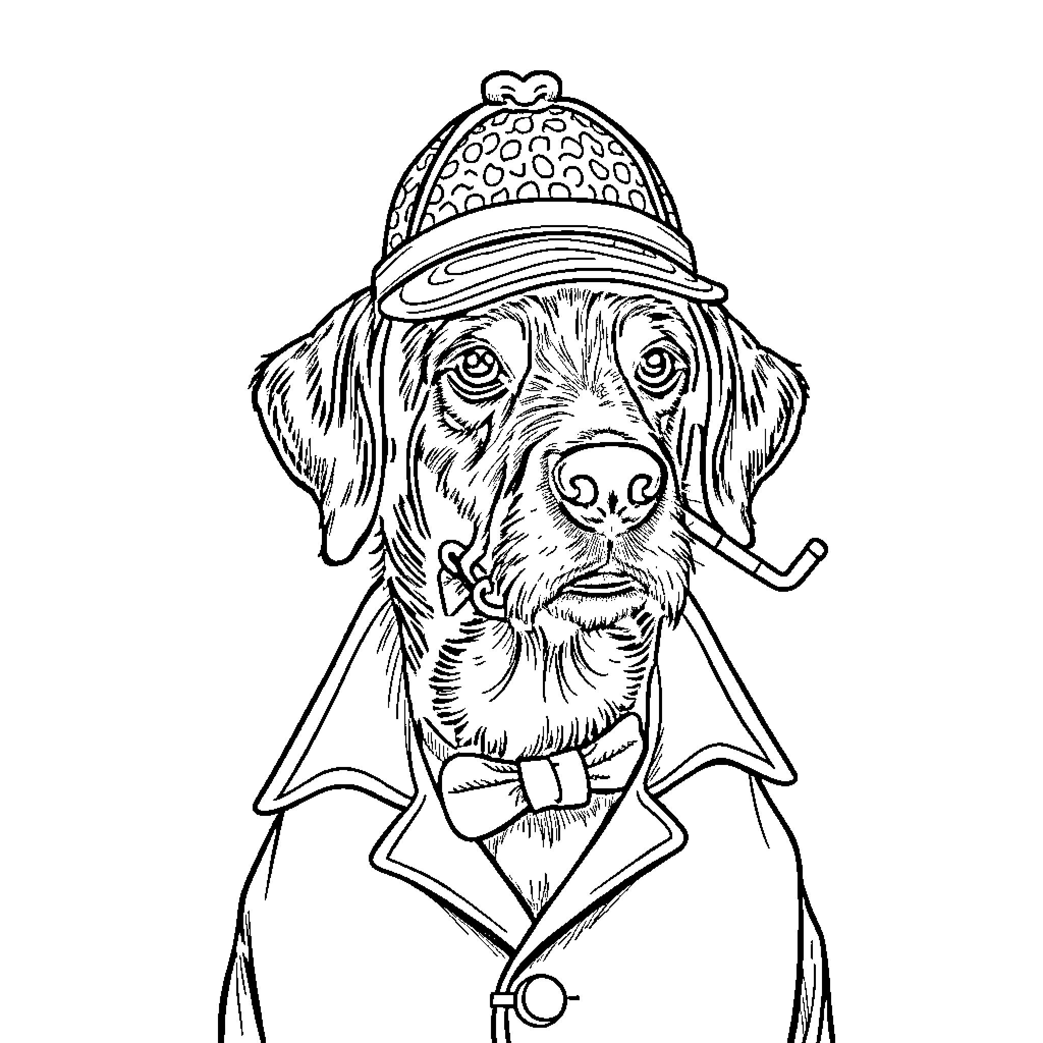 Setter Hound Dressed as Gentleman Detective Coloring Page (free black-and-white line drawing printable PDF for all, from beginners to advanced learners, including children, teens, adults, and seniors)