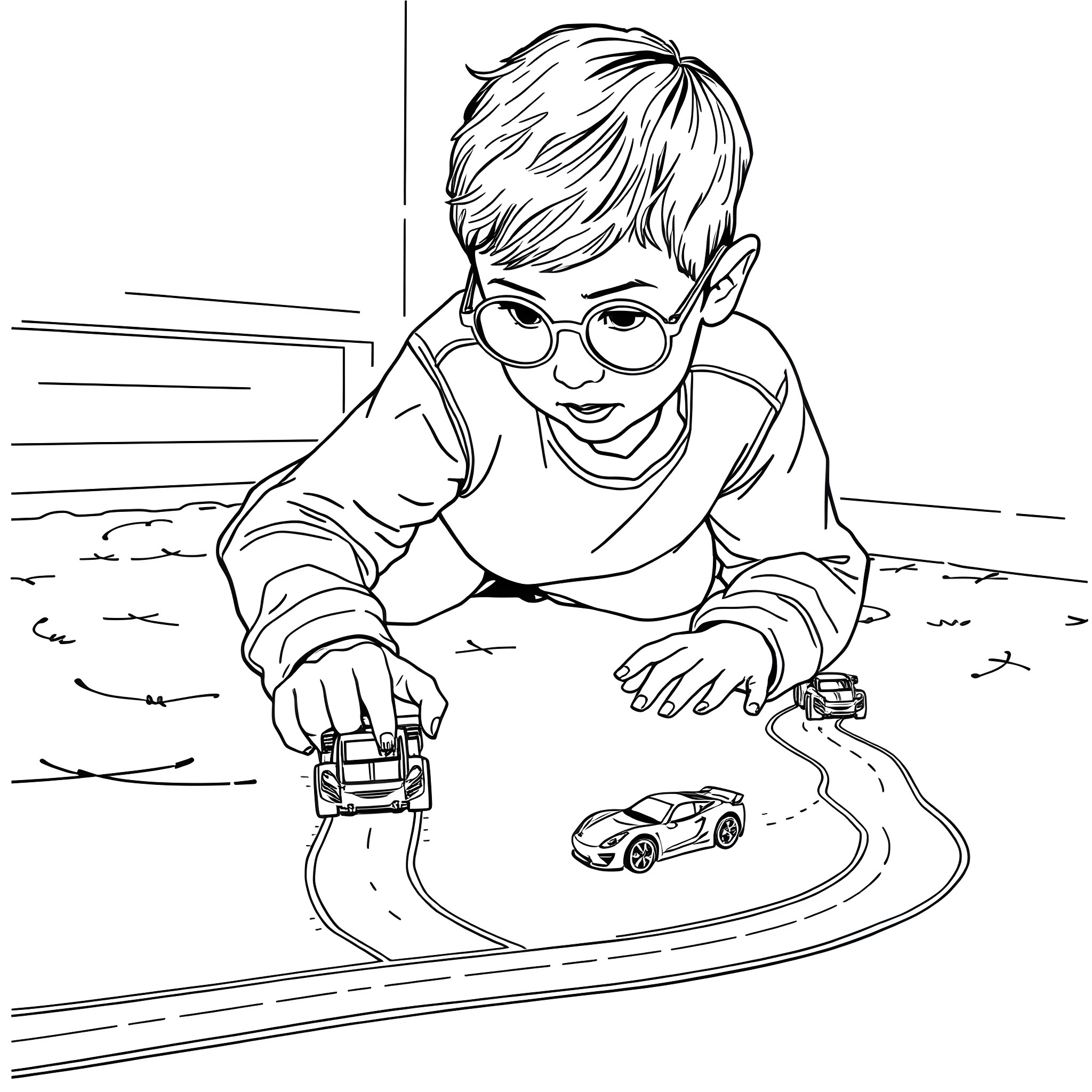 Boy playing with toy cars on the floor Coloring Page (free black-and-white line drawing printable PDF for all, from beginners to advanced learners, including children, teens, adults, and seniors)