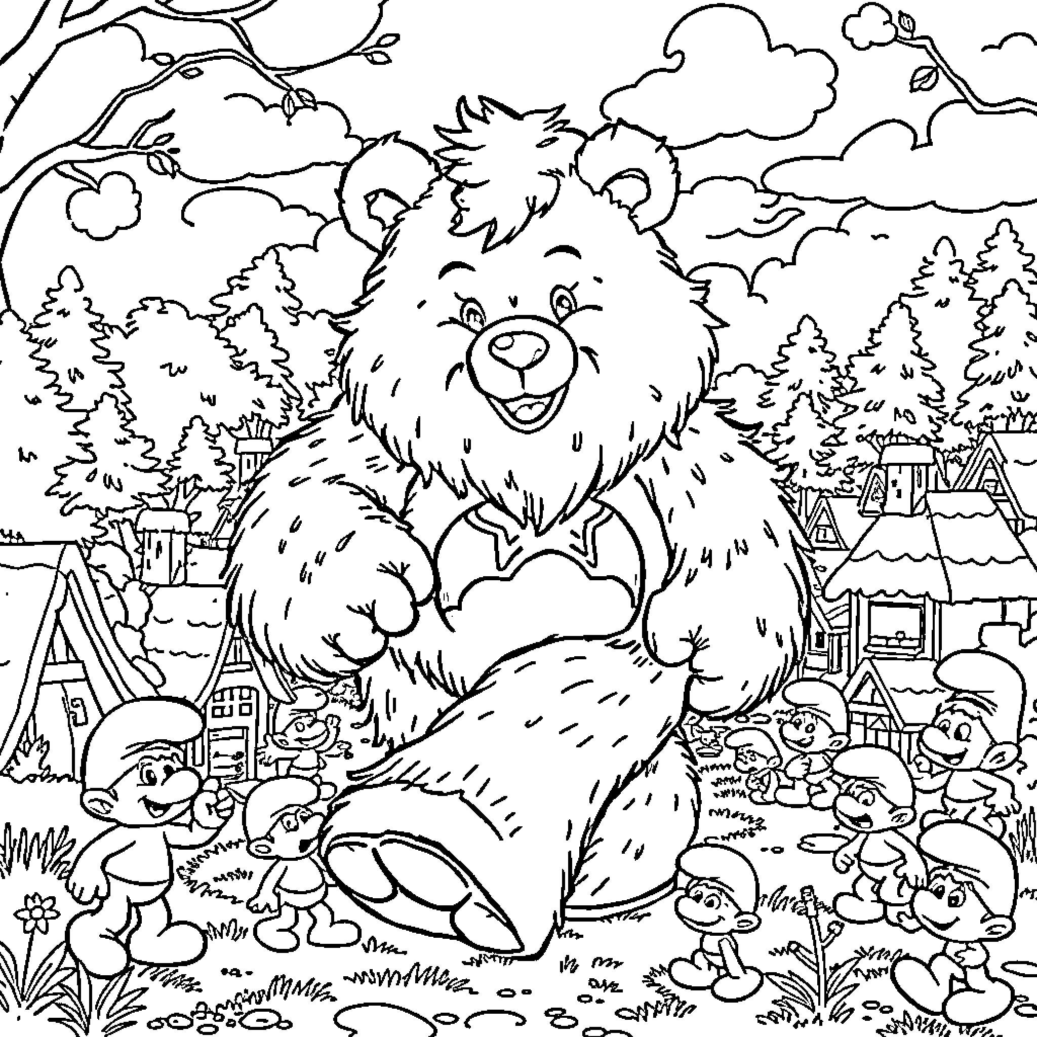 Care Bear enjoying nature with forest friends Coloring Page (free black-and-white line drawing printable PDF for all, from beginners to advanced learners, including children, teens, adults, and seniors)