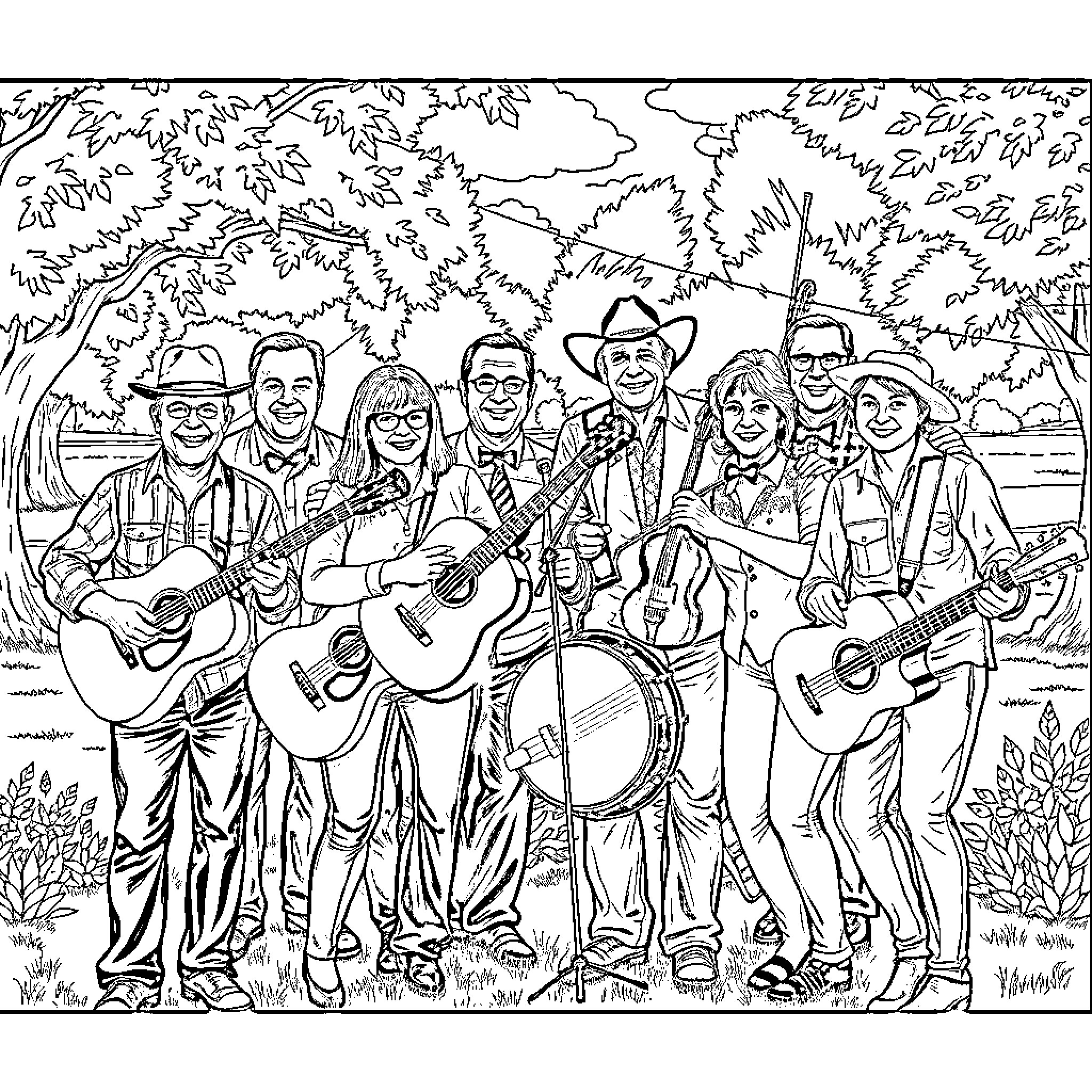 Band of musicians performing outdoors in nature Coloring Page (free black-and-white line drawing printable PDF for all, from beginners to advanced learners, including children, teens, adults, and seniors)