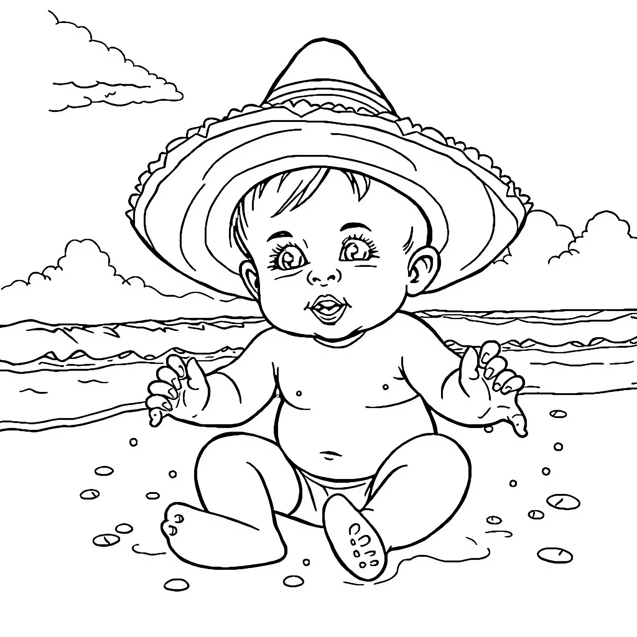 Bebe playing happily on the beach Coloring Page (free black-and-white line drawing printable PDF for all, from beginners to advanced learners, including children, teens, adults, and seniors)