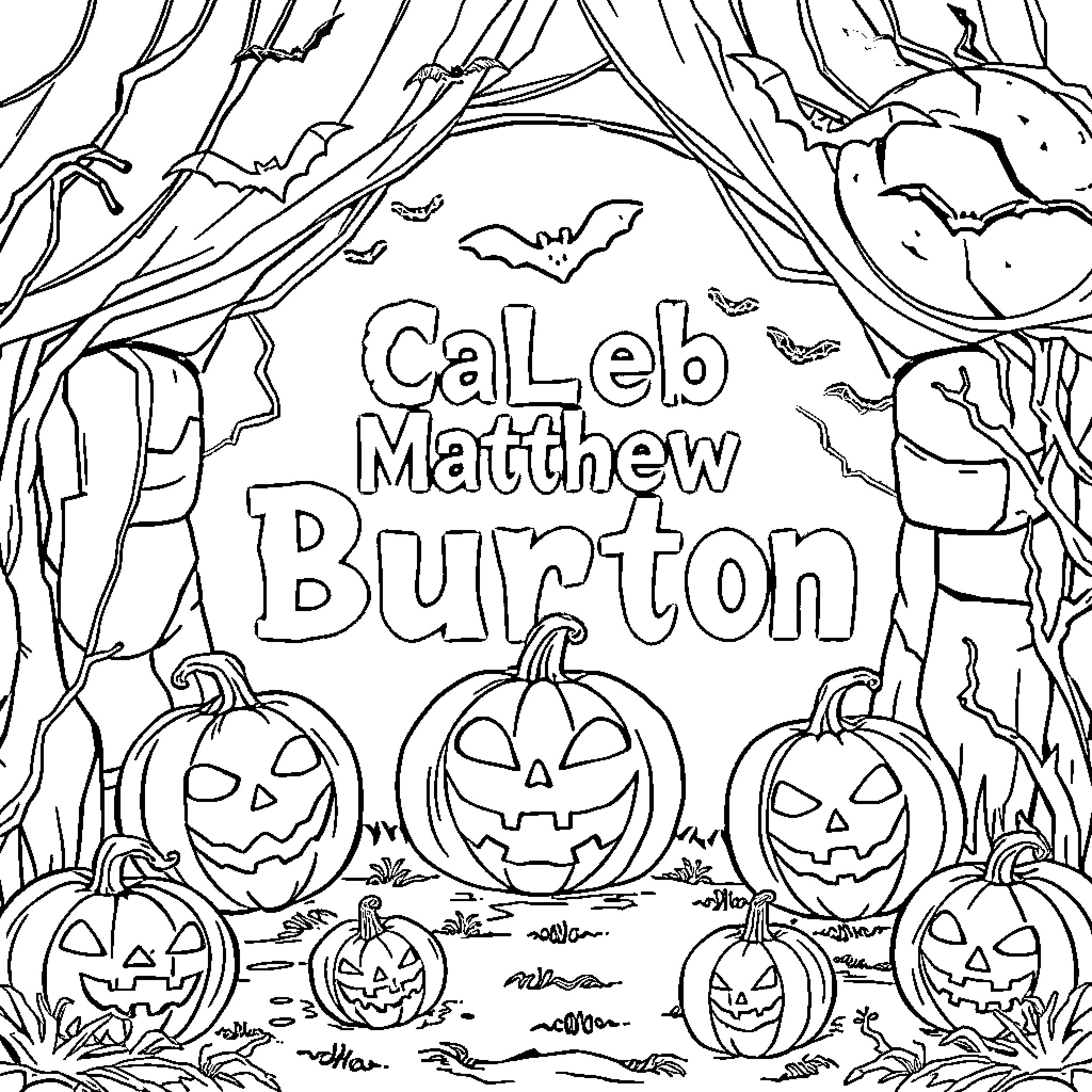 Halloween Pumpkins and Bats in the Forest Coloring Page (free black-and-white line drawing printable PDF for all, from beginners to advanced learners, including children, teens, adults, and seniors)