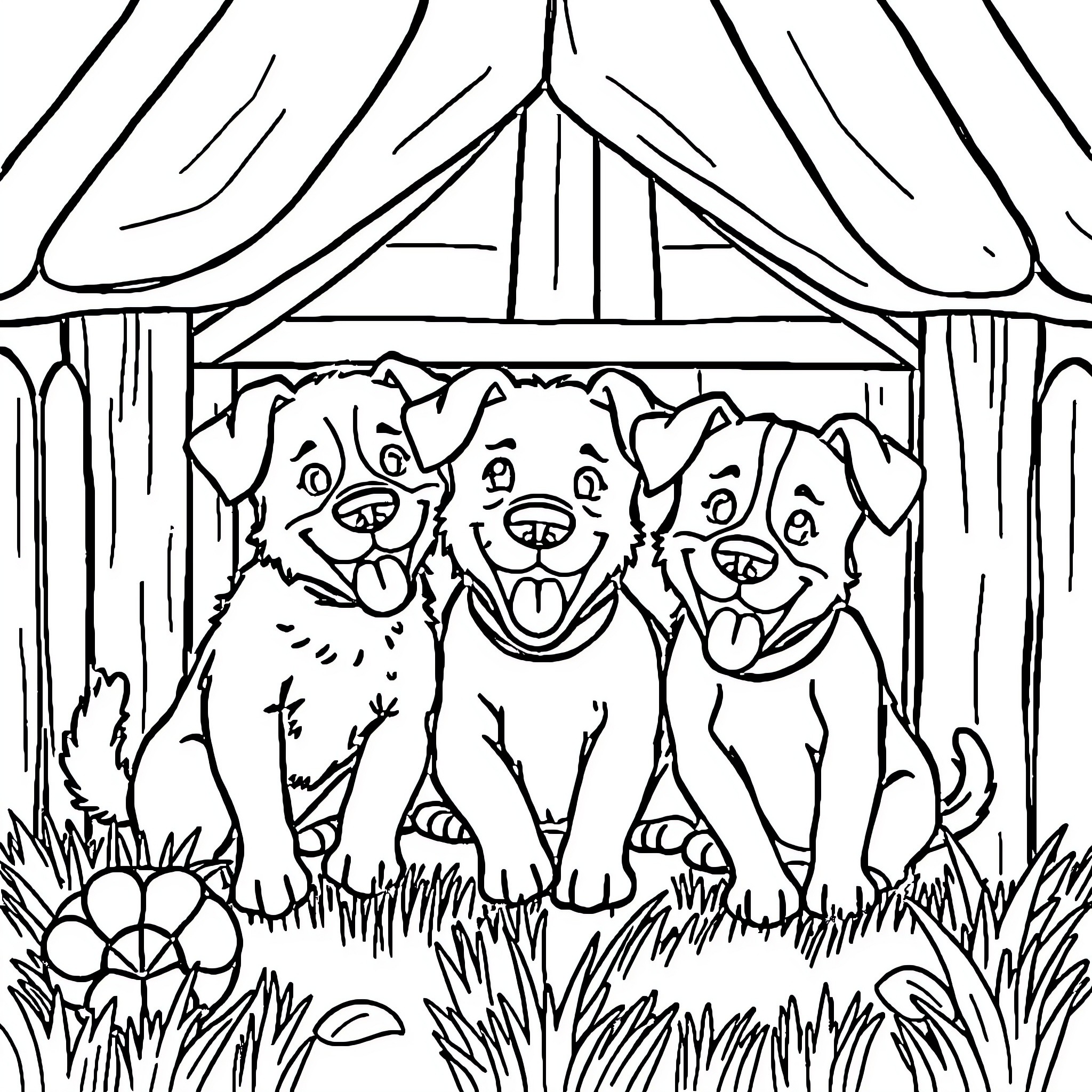Dog friends pose happily in the park Coloring Page (free black-and-white line drawing printable PDF for all, from beginners to advanced learners, including children, teens, adults, and seniors)