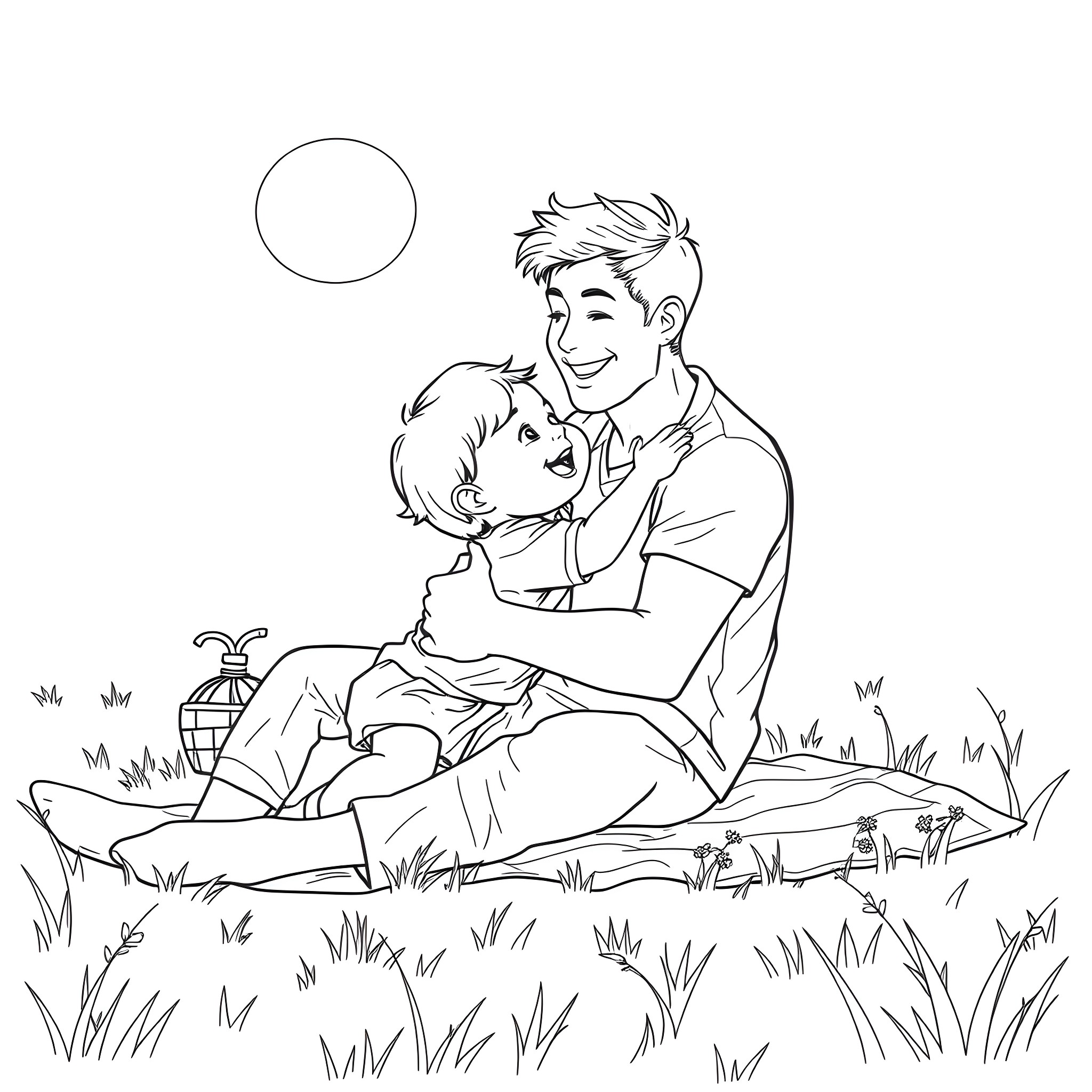Father enjoying quality time with his child outdoors Coloring Page (free black-and-white line drawing printable PDF for all, from beginners to advanced learners, including children, teens, adults, and seniors)