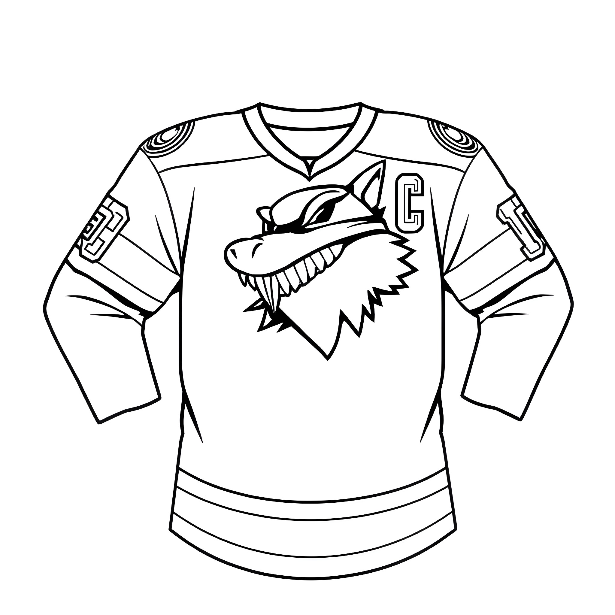 Lumberjack hockey player in uniform with wolf logo Coloring Page (free black-and-white line drawing printable PDF for all, from beginners to advanced learners, including children, teens, adults, and seniors)