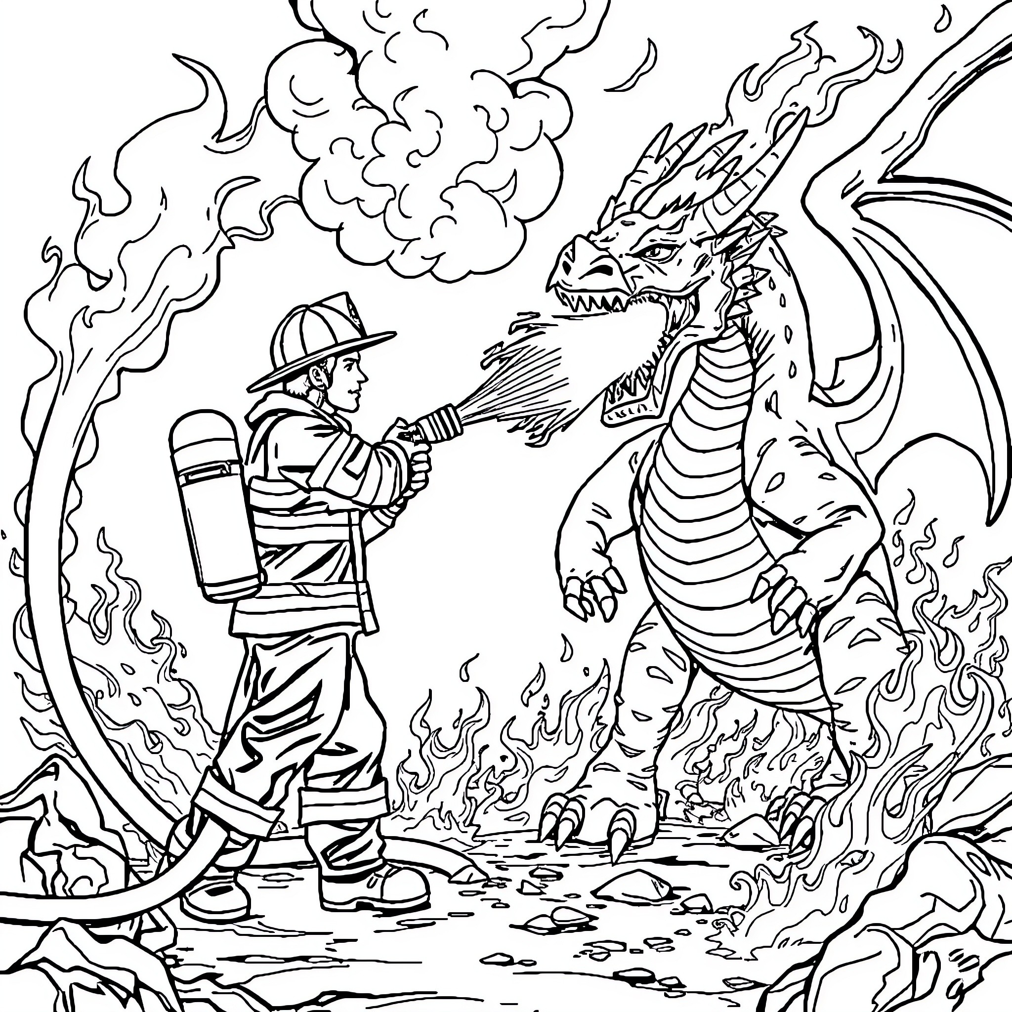 Firefighter battling a ferocious dragon Coloring Page (free black-and-white line drawing printable PDF for all, from beginners to advanced learners, including children, teens, adults, and seniors)