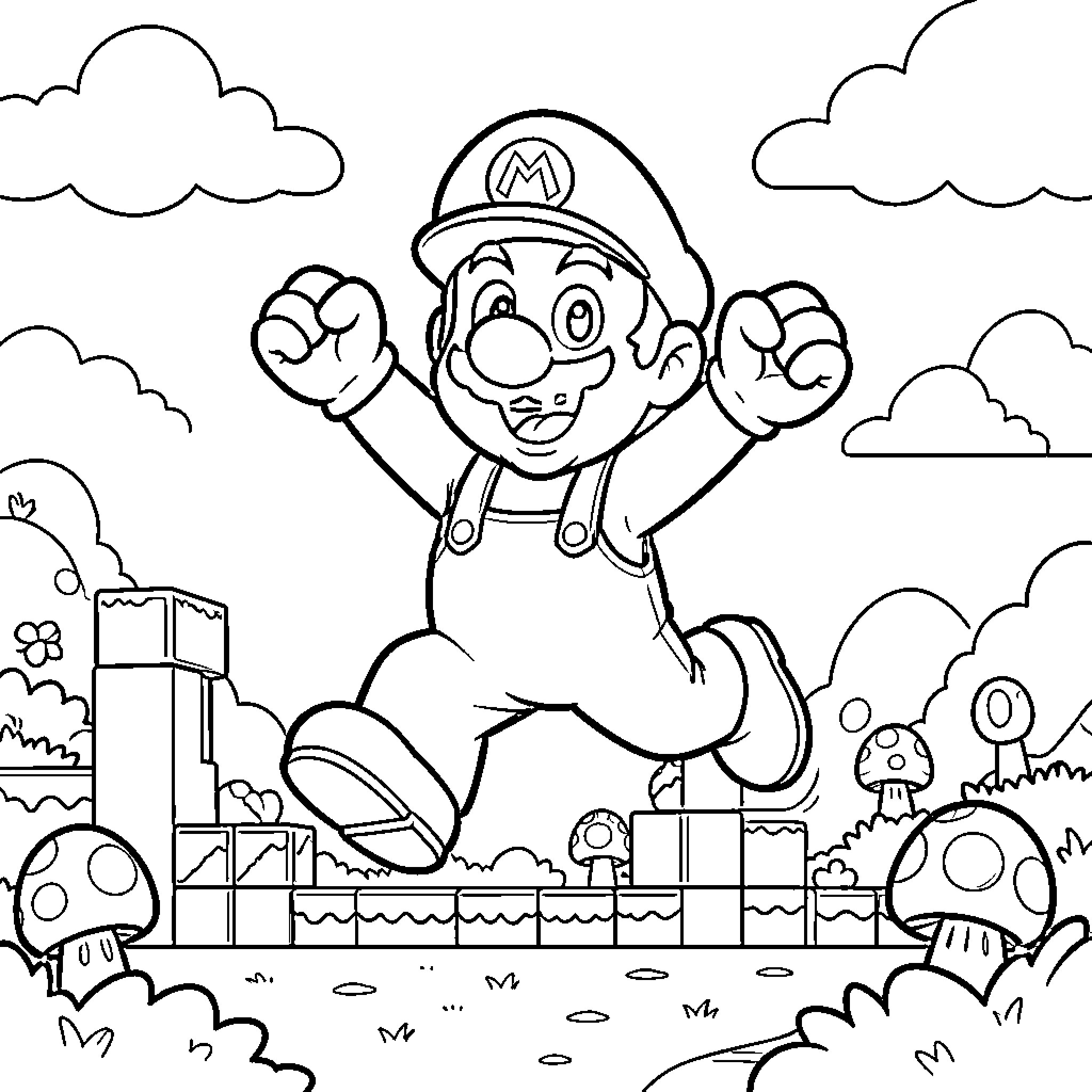 Mario Jumping with Excitement Coloring Page (free black-and-white line drawing printable PDF for all, from beginners to advanced learners, including children, teens, adults, and seniors)