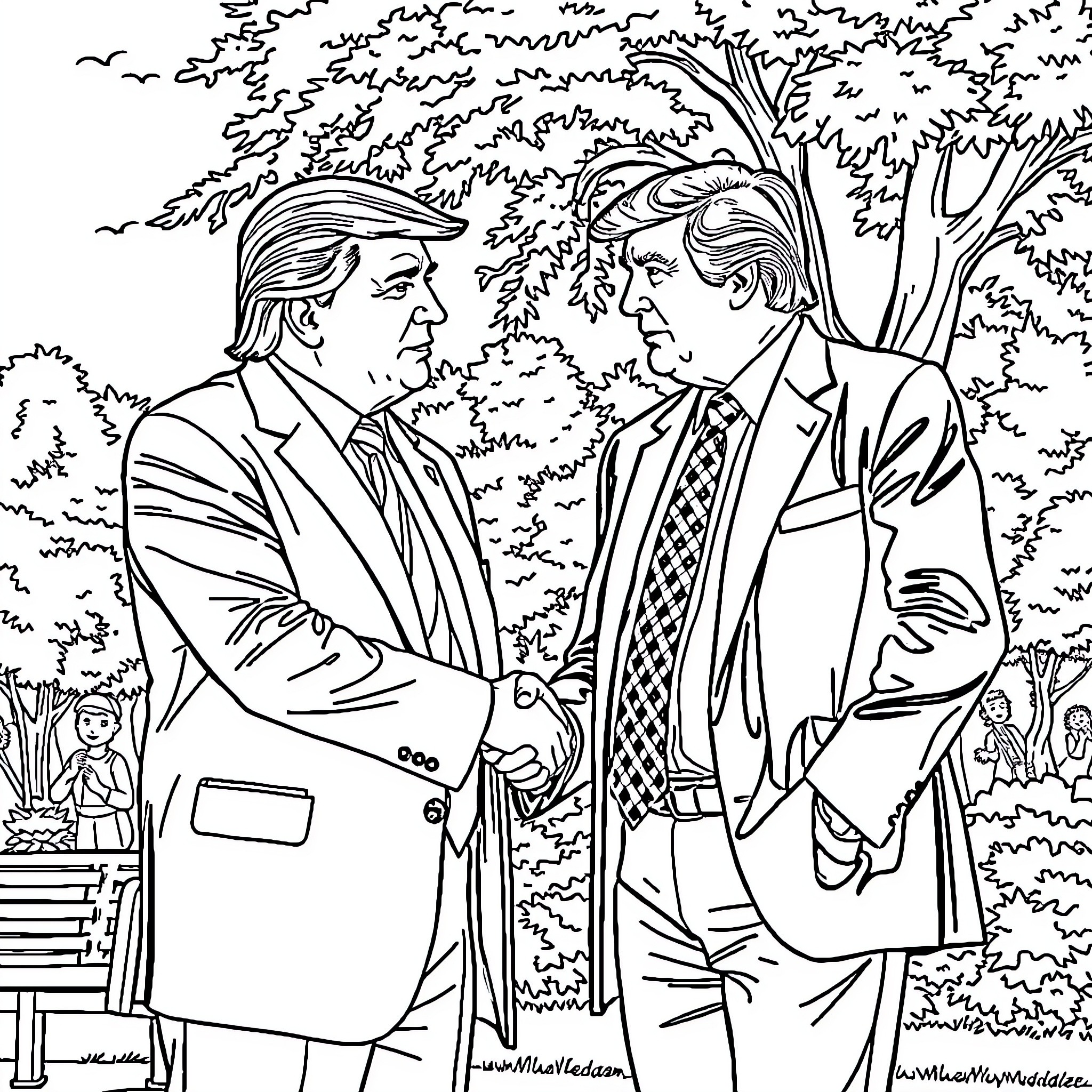 Trump's Handshake Encounter with a Political Rival Coloring Page (free black-and-white line drawing printable PDF for all, from beginners to advanced learners, including children, teens, adults, and seniors)