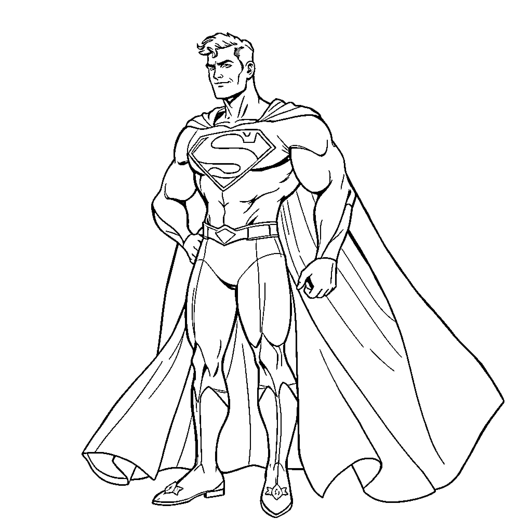 Superman in heroic stance and costume Coloring Page (free black-and-white line drawing printable PDF for all, from beginners to advanced learners, including children, teens, adults, and seniors)