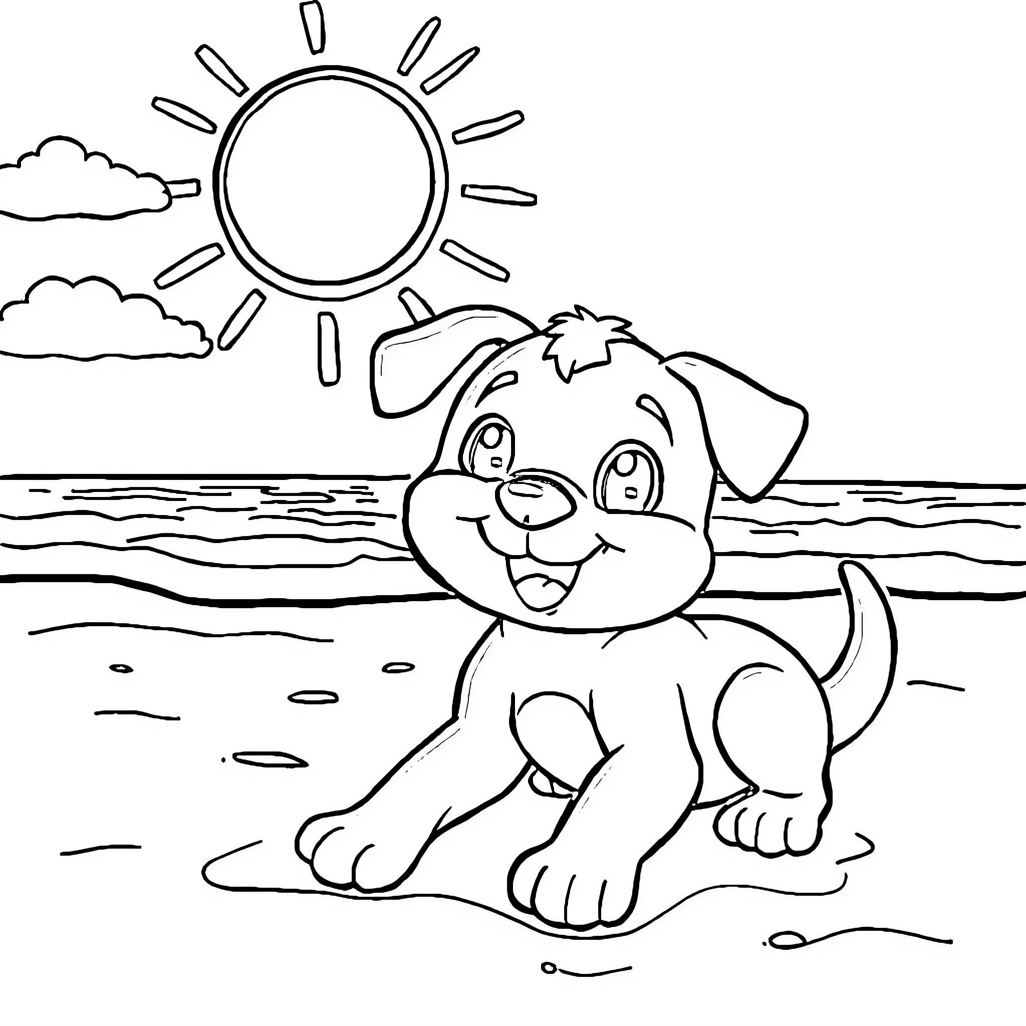Bluey playing happily on the beach Coloring Page (free black-and-white line drawing printable PDF for all, from beginners to advanced learners, including children, teens, adults, and seniors)