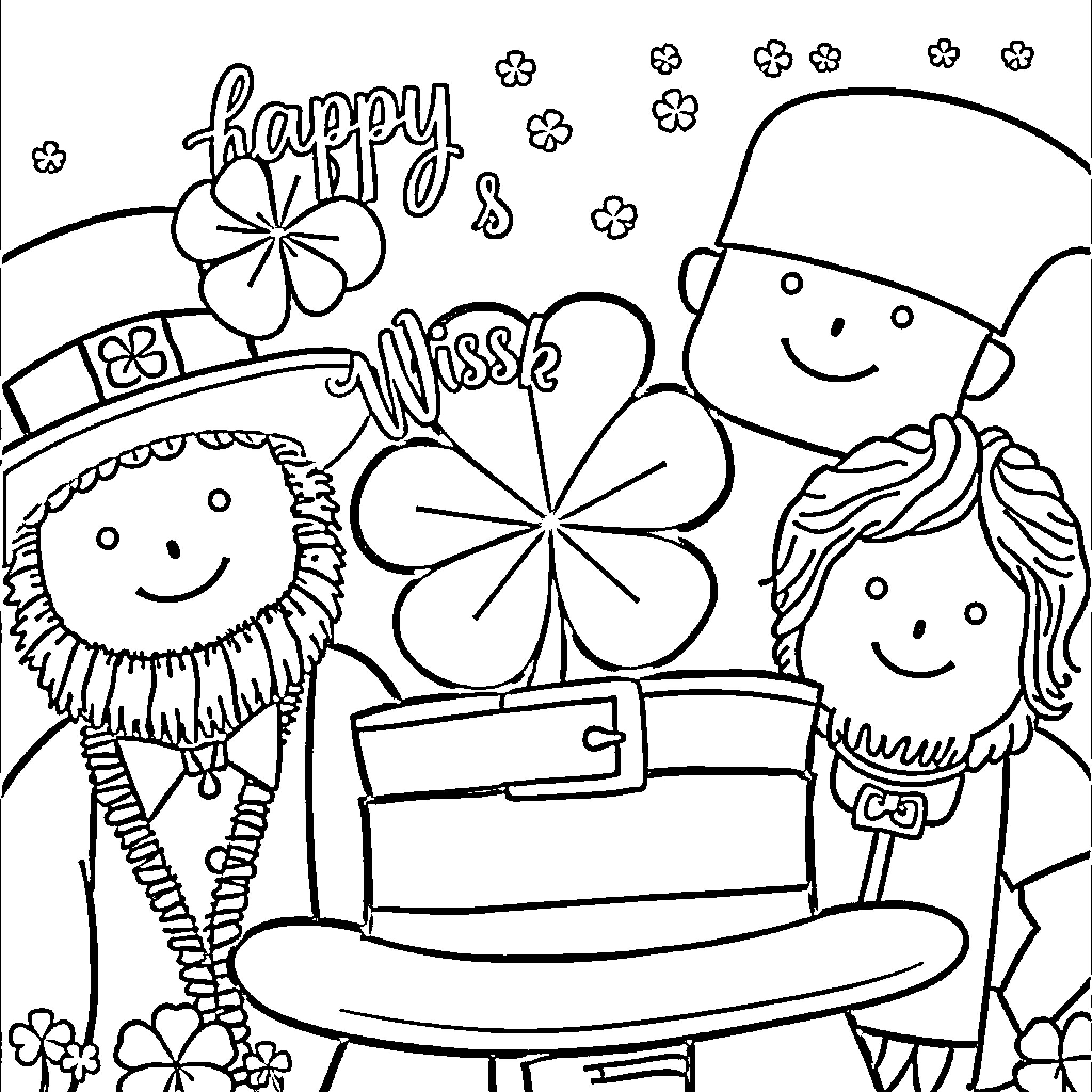 Clover Celebration with Smiling Characters Coloring Page (free black-and-white line drawing printable PDF for all, from beginners to advanced learners, including children, teens, adults, and seniors)