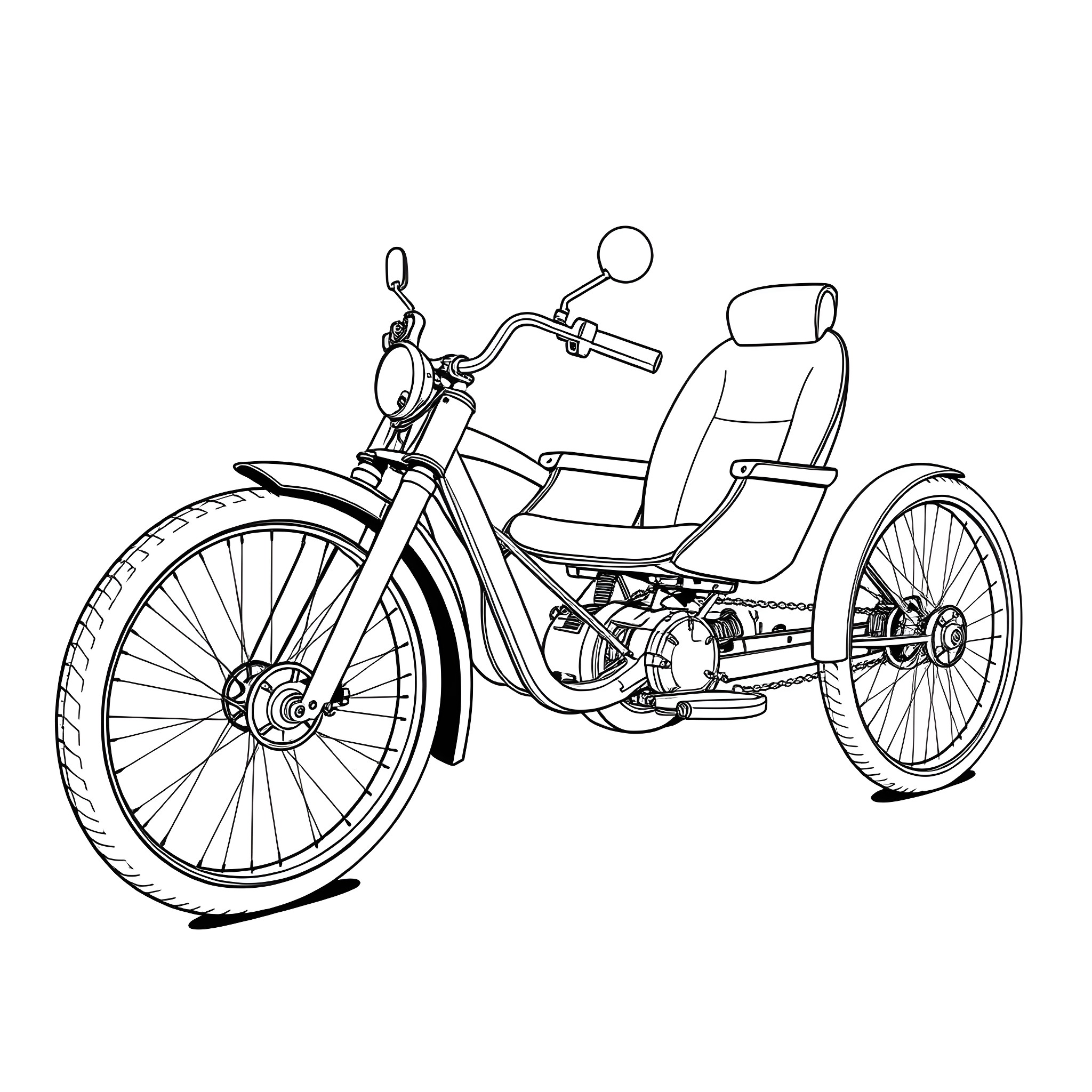 Trike with a comfortable seat and handlebar Coloring Page (free black-and-white line drawing printable PDF for all, from beginners to advanced learners, including children, teens, adults, and seniors)