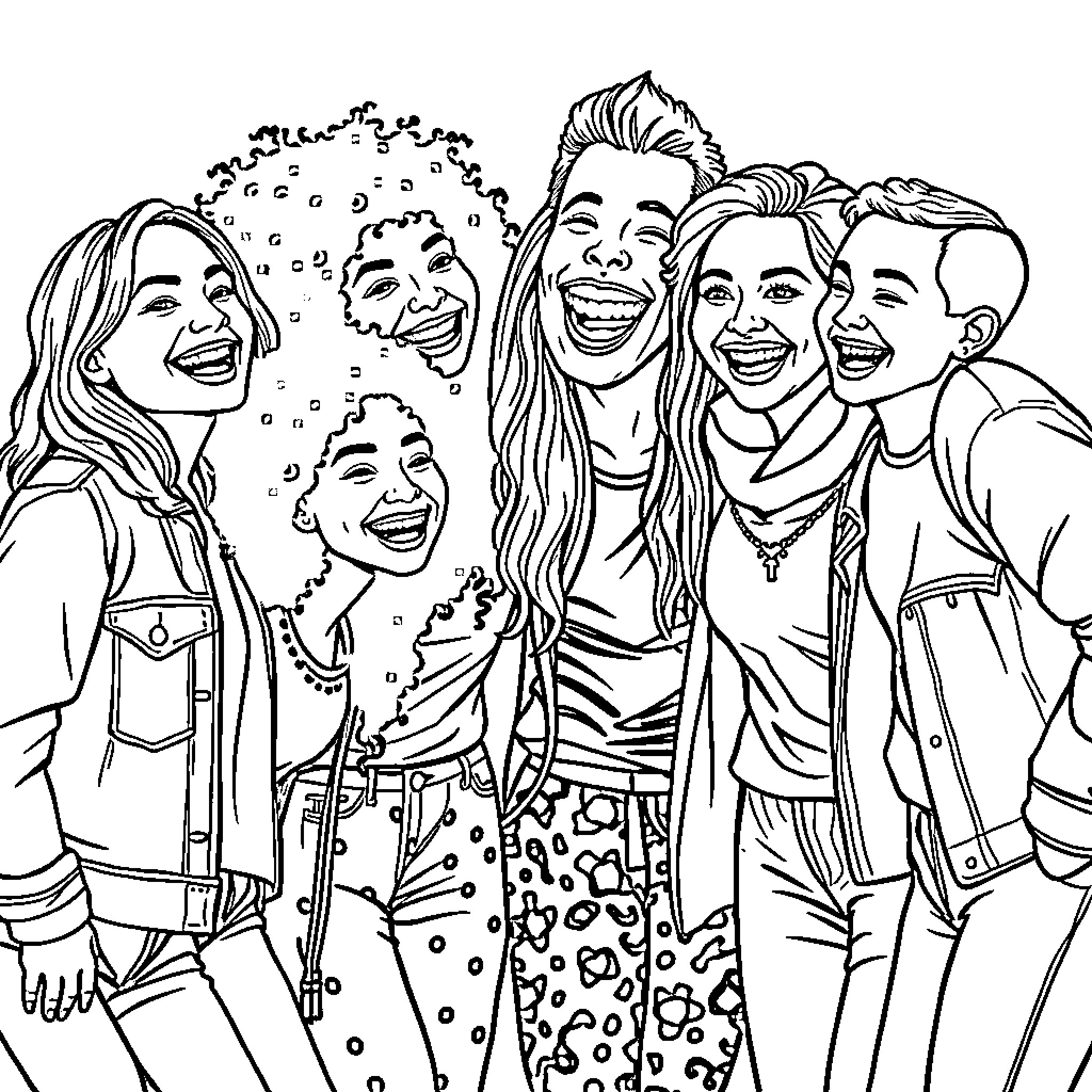 Bear group of friends laughing and having fun Coloring Page (free black-and-white line drawing printable PDF for all, from beginners to advanced learners, including children, teens, adults, and seniors)