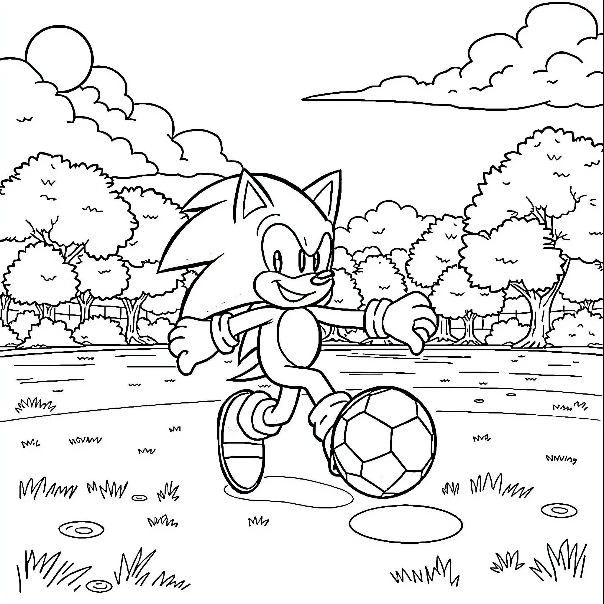 Sonic joyfully playing with a soccer ball in a natural setting Coloring Page (free black-and-white line drawing printable PDF for all, from beginners to advanced learners, including children, teens, adults, and seniors)
