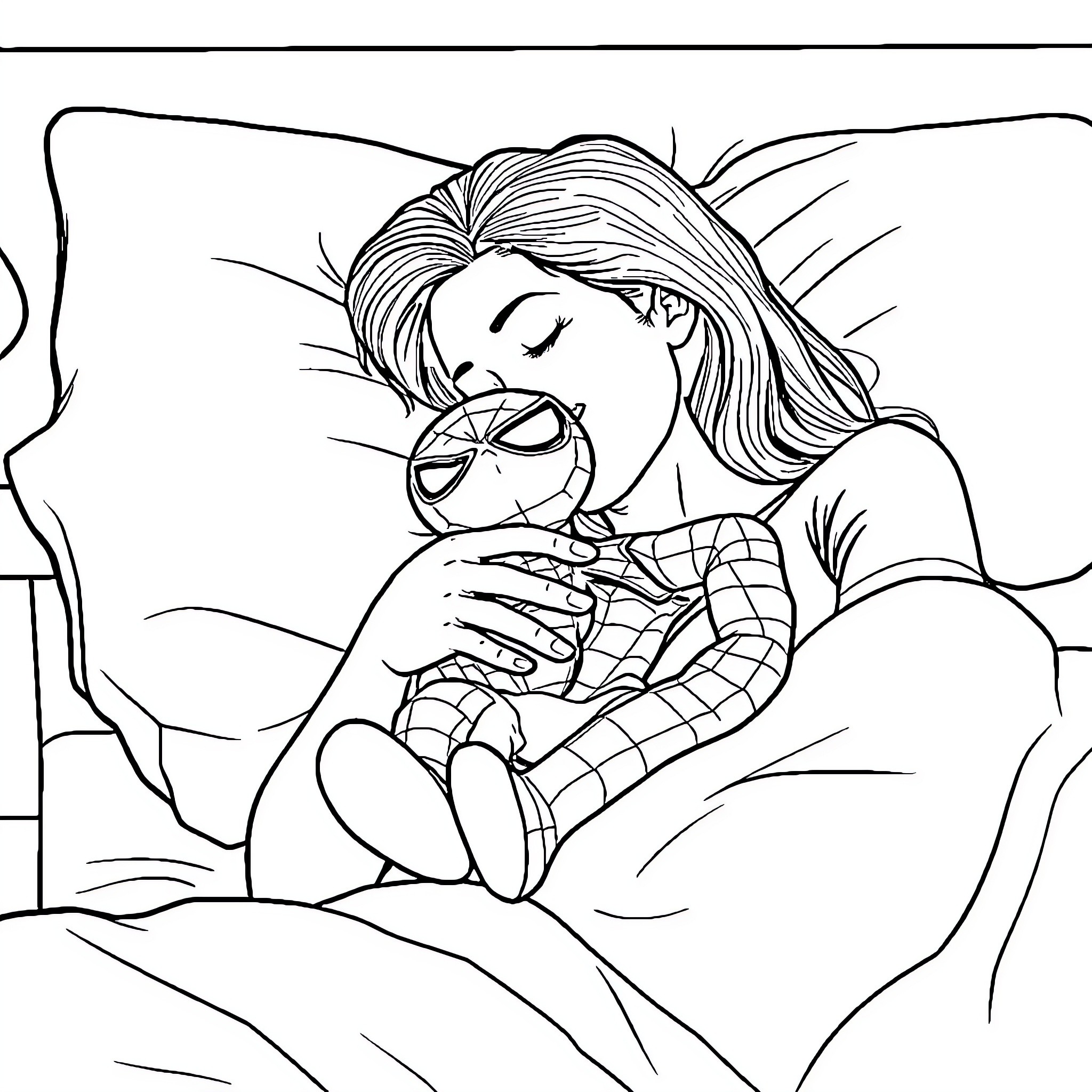 Woman resting peacefully with a stuffed animal Coloring Page (free black-and-white line drawing printable PDF for all, from beginners to advanced learners, including children, teens, adults, and seniors)
