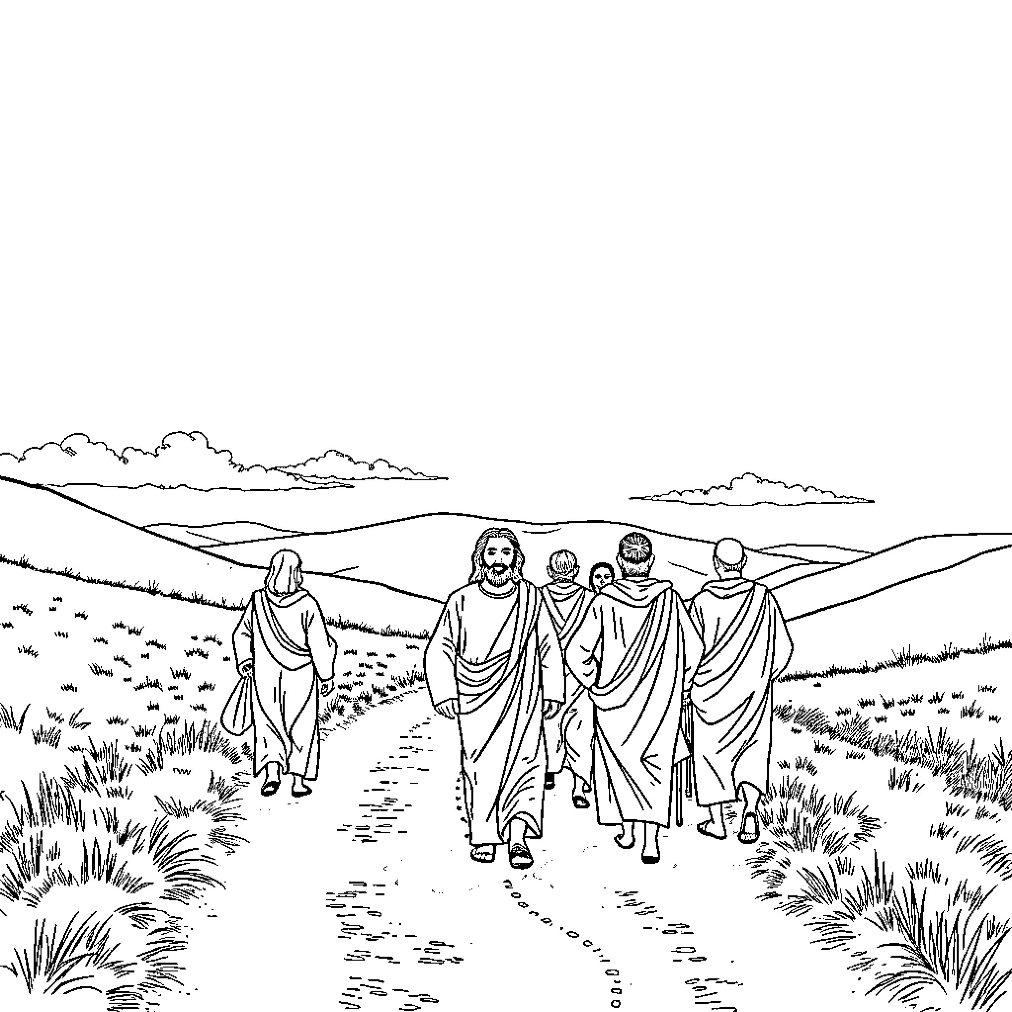 Jesus and His Disciples Walking Together in Nature Coloring Page (free black-and-white line drawing printable PDF for all, from beginners to advanced learners, including children, teens, adults, and seniors)