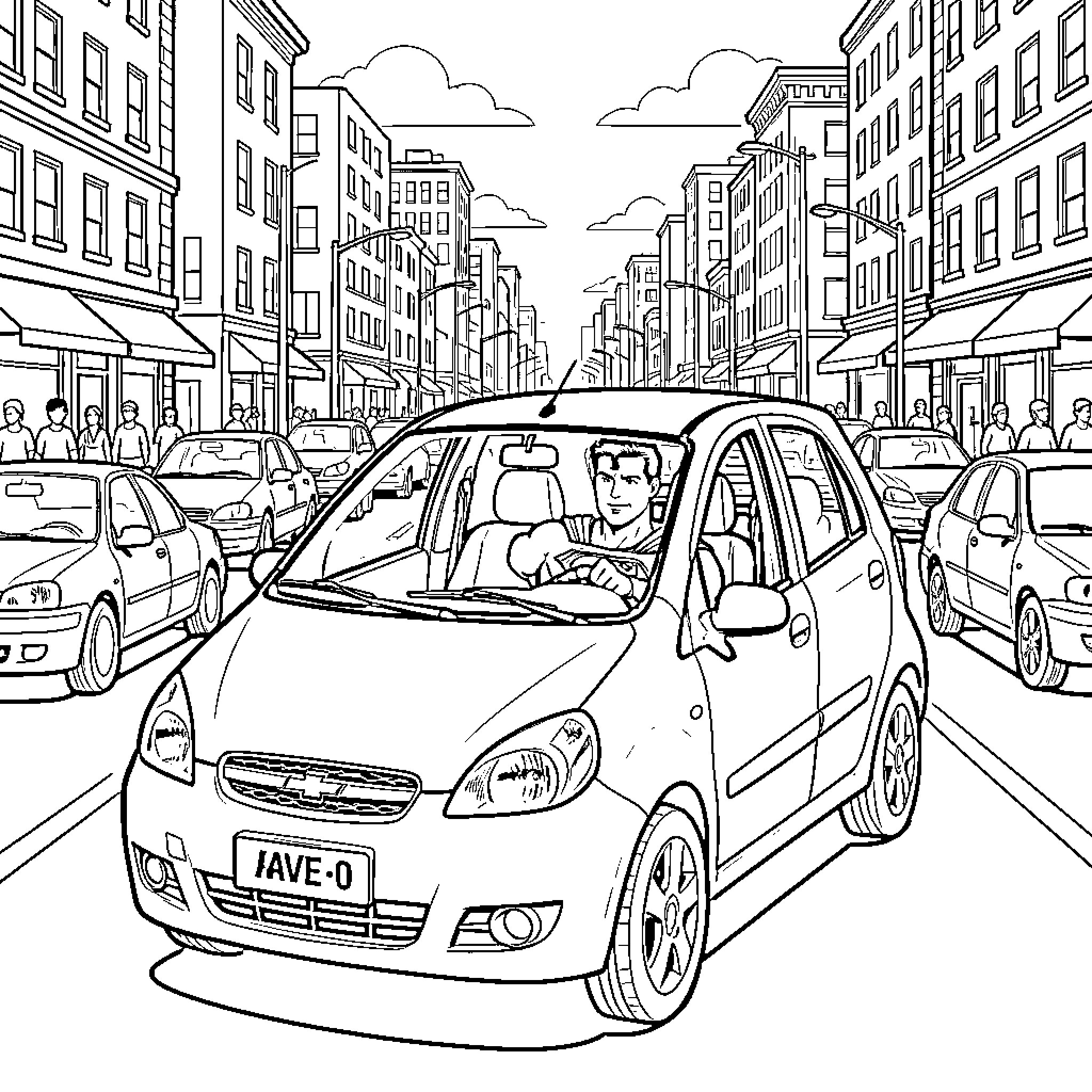 Superman driving a car through a busy city street Coloring Page (free black-and-white line drawing printable PDF for all, from beginners to advanced learners, including children, teens, adults, and seniors)