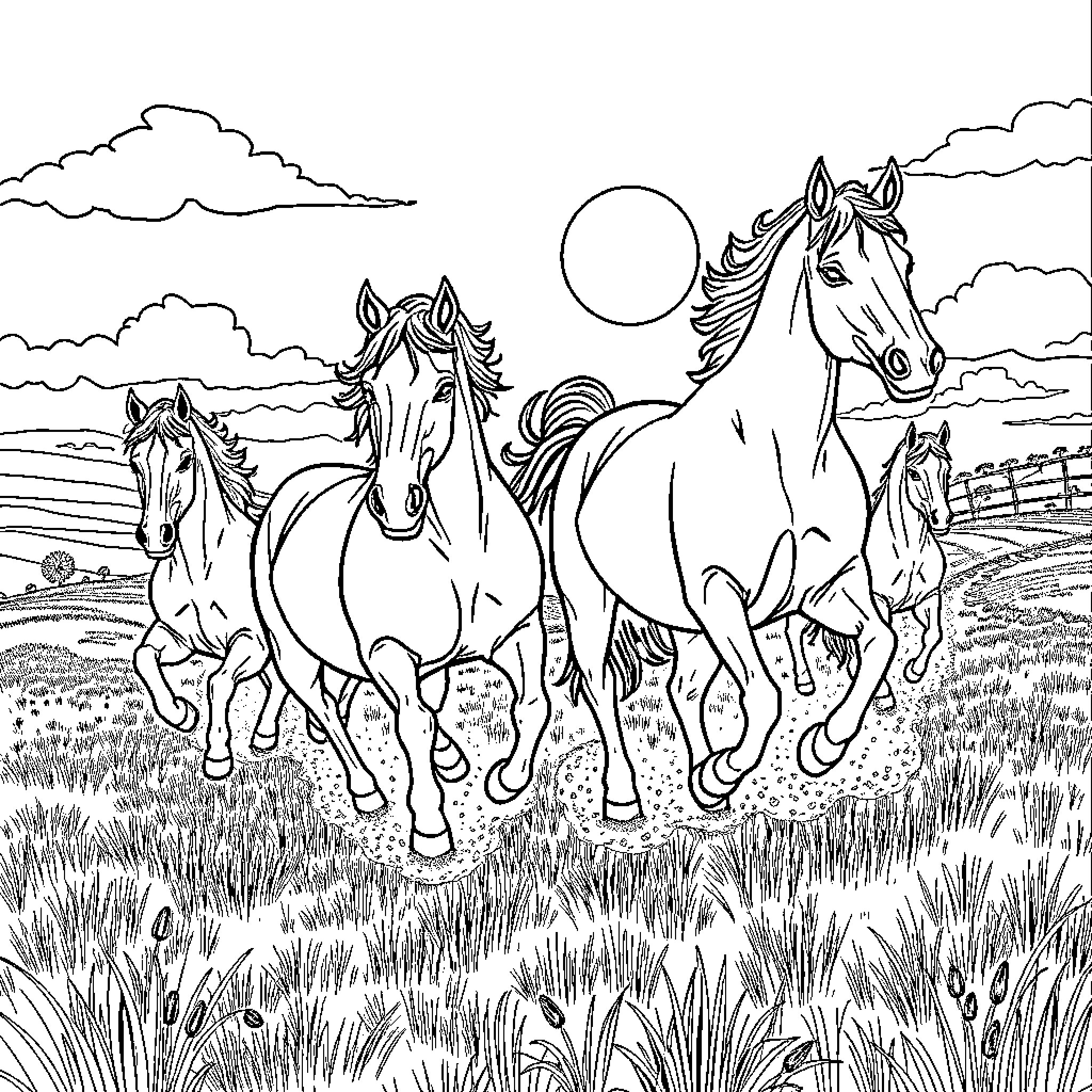 Horse herd galloping through a scenic landscape Coloring Page (free black-and-white line drawing printable PDF for all, from beginners to advanced learners, including children, teens, adults, and seniors)