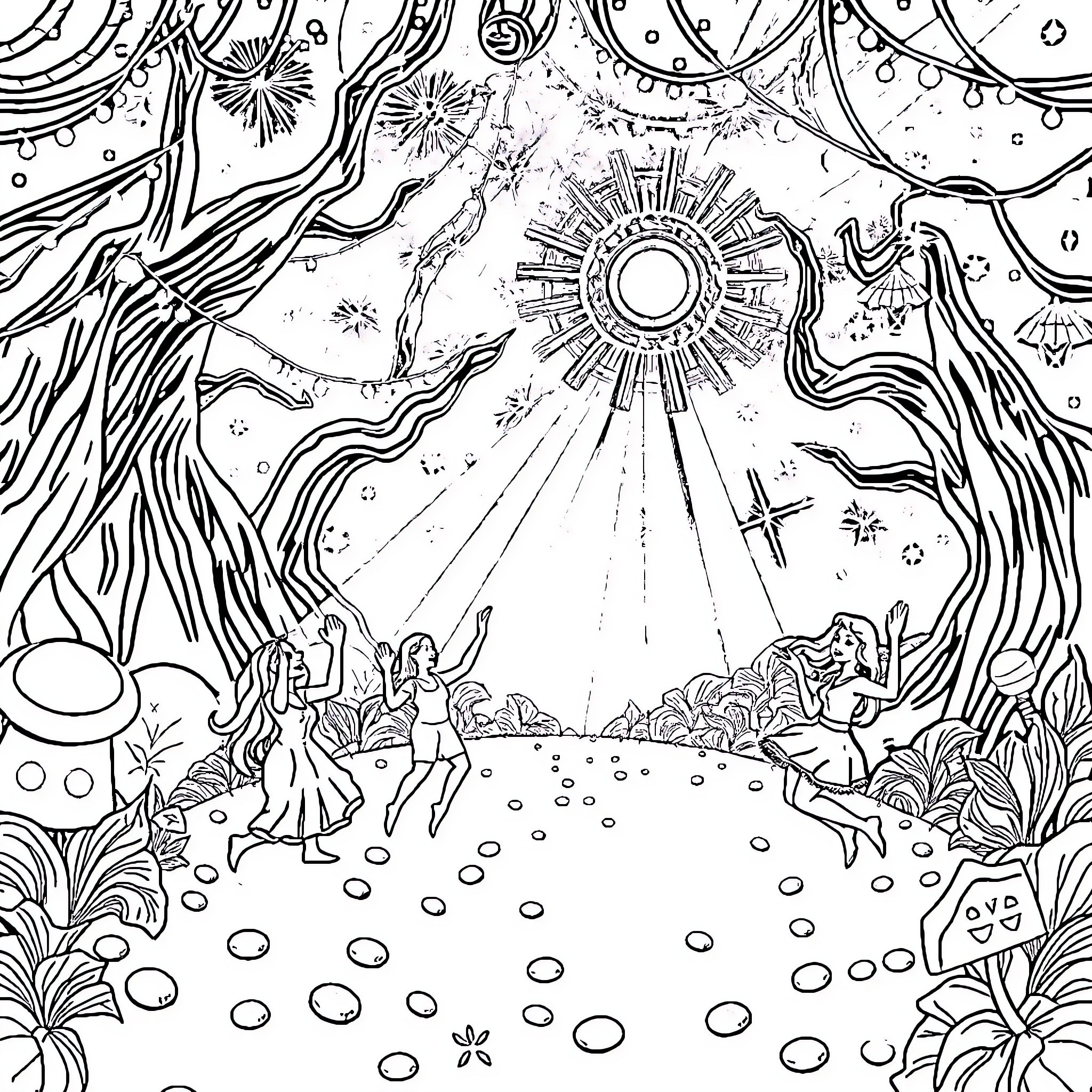 Boogey Wonderland: Ethereal dance under cosmic light Coloring Page (free black-and-white line drawing printable PDF for all, from beginners to advanced learners, including children, teens, adults, and seniors)