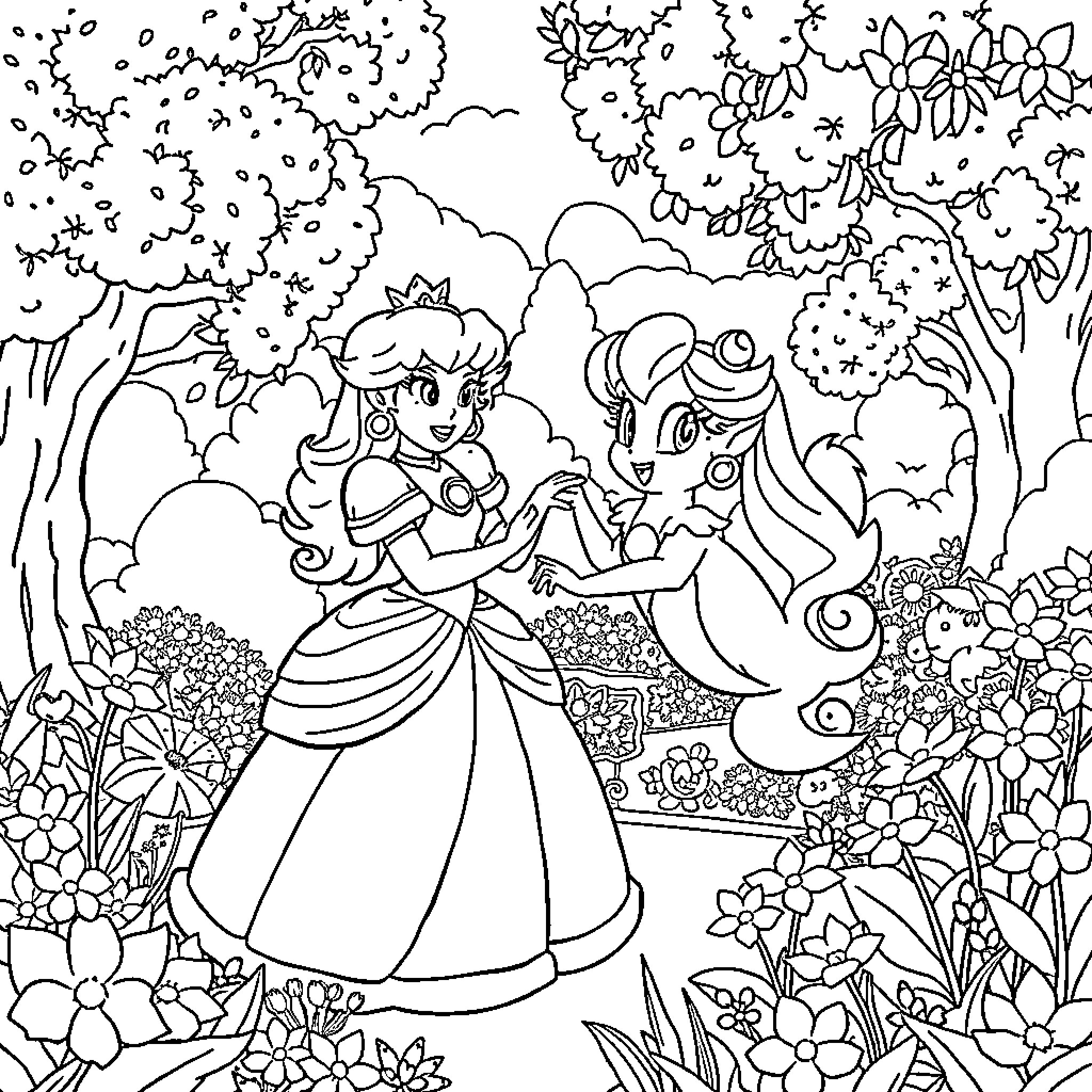 Princess Enjoying a Magical Garden with Friend Coloring Page (free black-and-white line drawing printable PDF for all, from beginners to advanced learners, including children, teens, adults, and seniors)