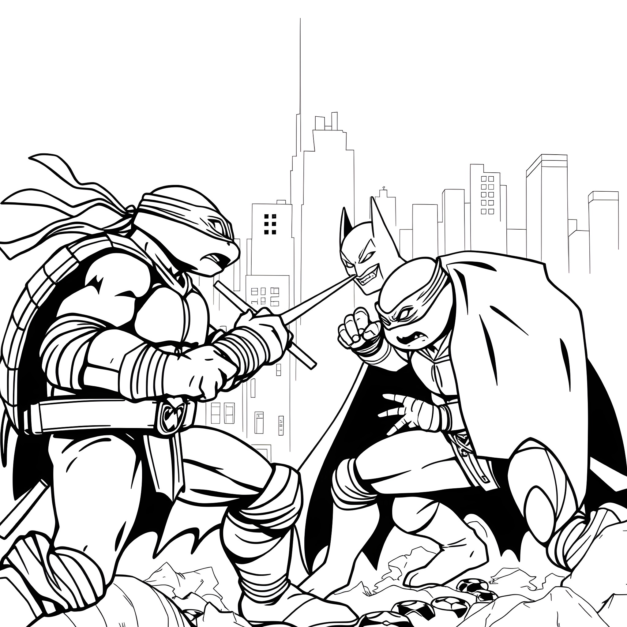 Ninja Turtle and Batman Battling in the City Coloring Page (free black-and-white line drawing printable PDF for all, from beginners to advanced learners, including children, teens, adults, and seniors)