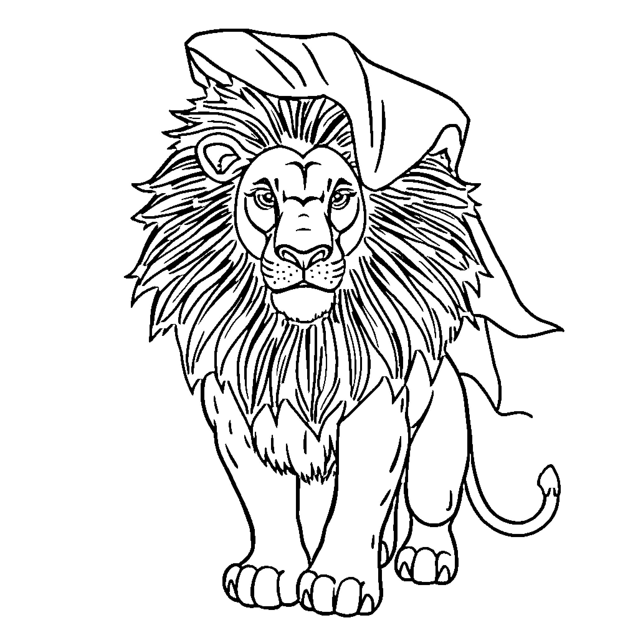 Lion with majestic mane standing proudly Coloring Page (free black-and-white line drawing printable PDF for all, from beginners to advanced learners, including children, teens, adults, and seniors)